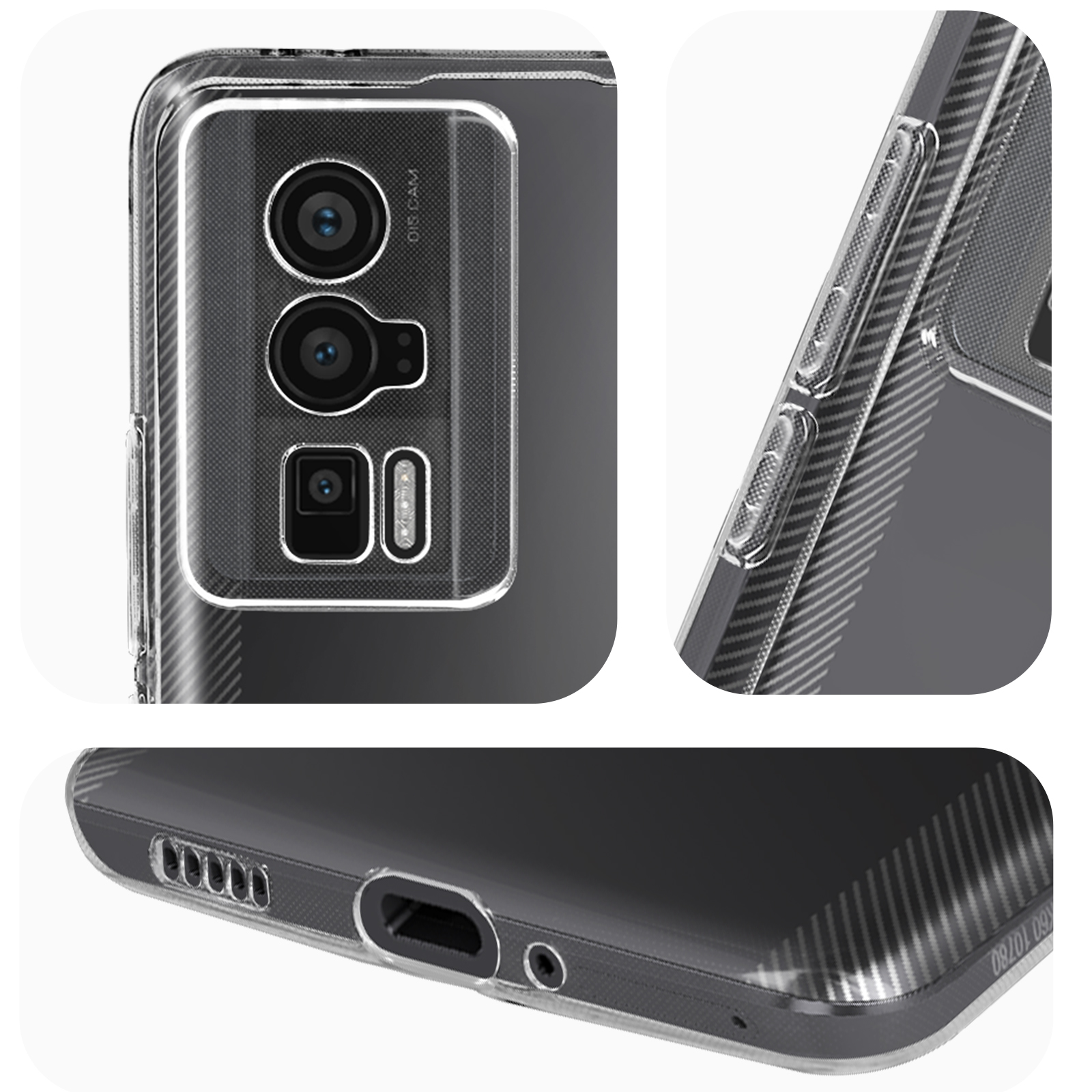 Dettagli di una custodia trasparente per telefono. Primi piani del modulo fotocamera, dei pulsanti laterali e delle porte inferiori.