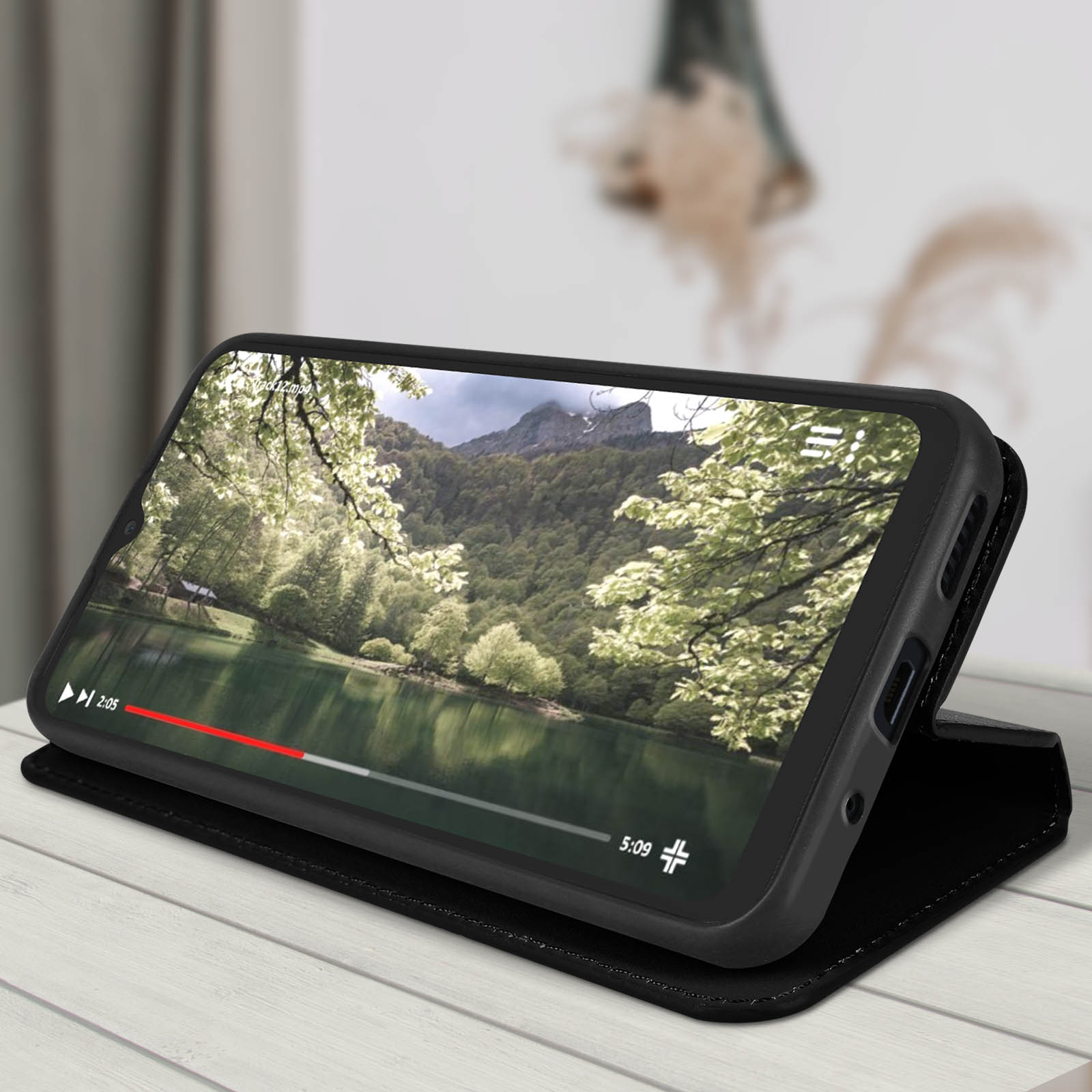 Telefono con un video in riproduzione, in una custodia nera. La scena è un paesaggio.