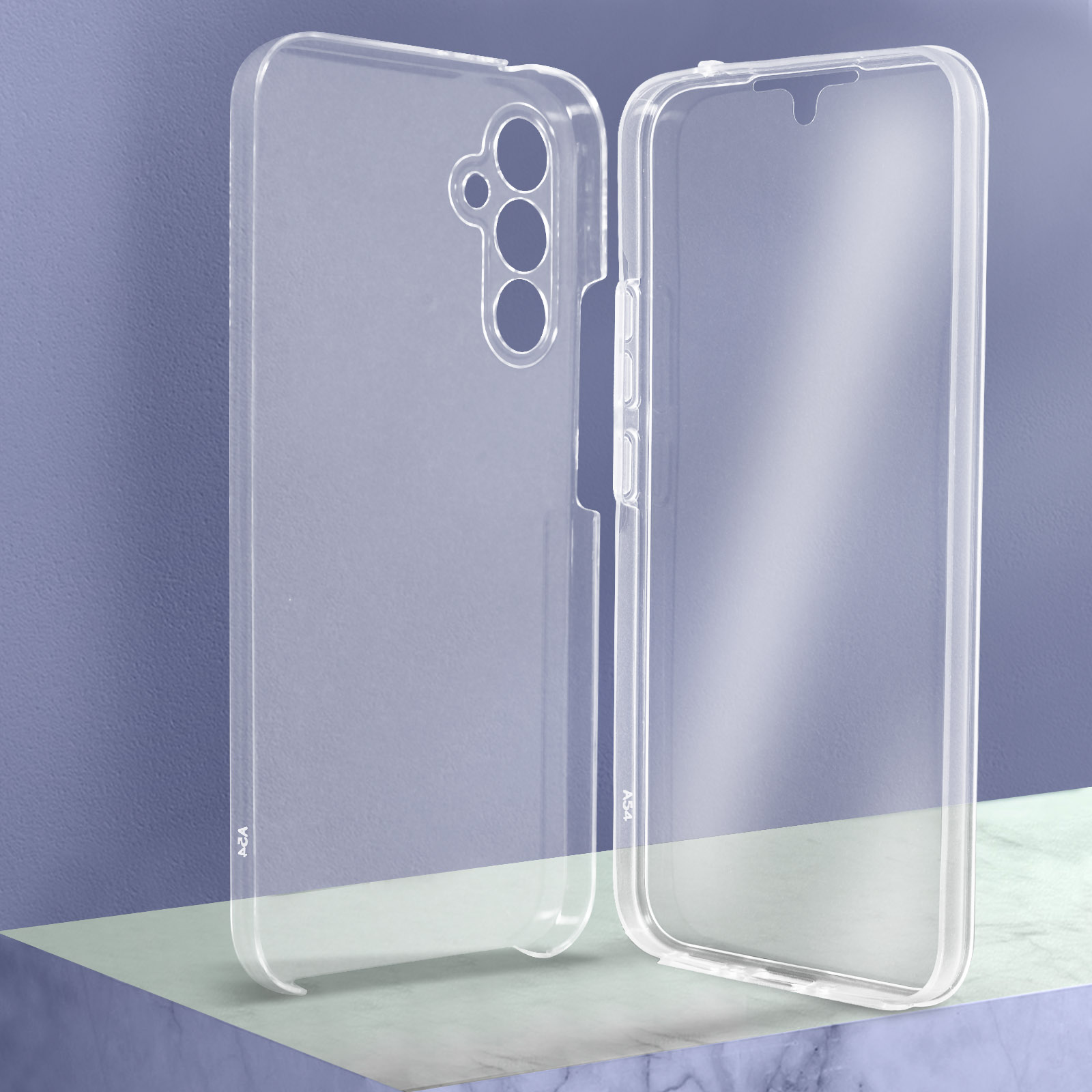 Due custodie trasparenti per telefono in piedi. Sfondo viola. Le custodie hanno un design semplice.