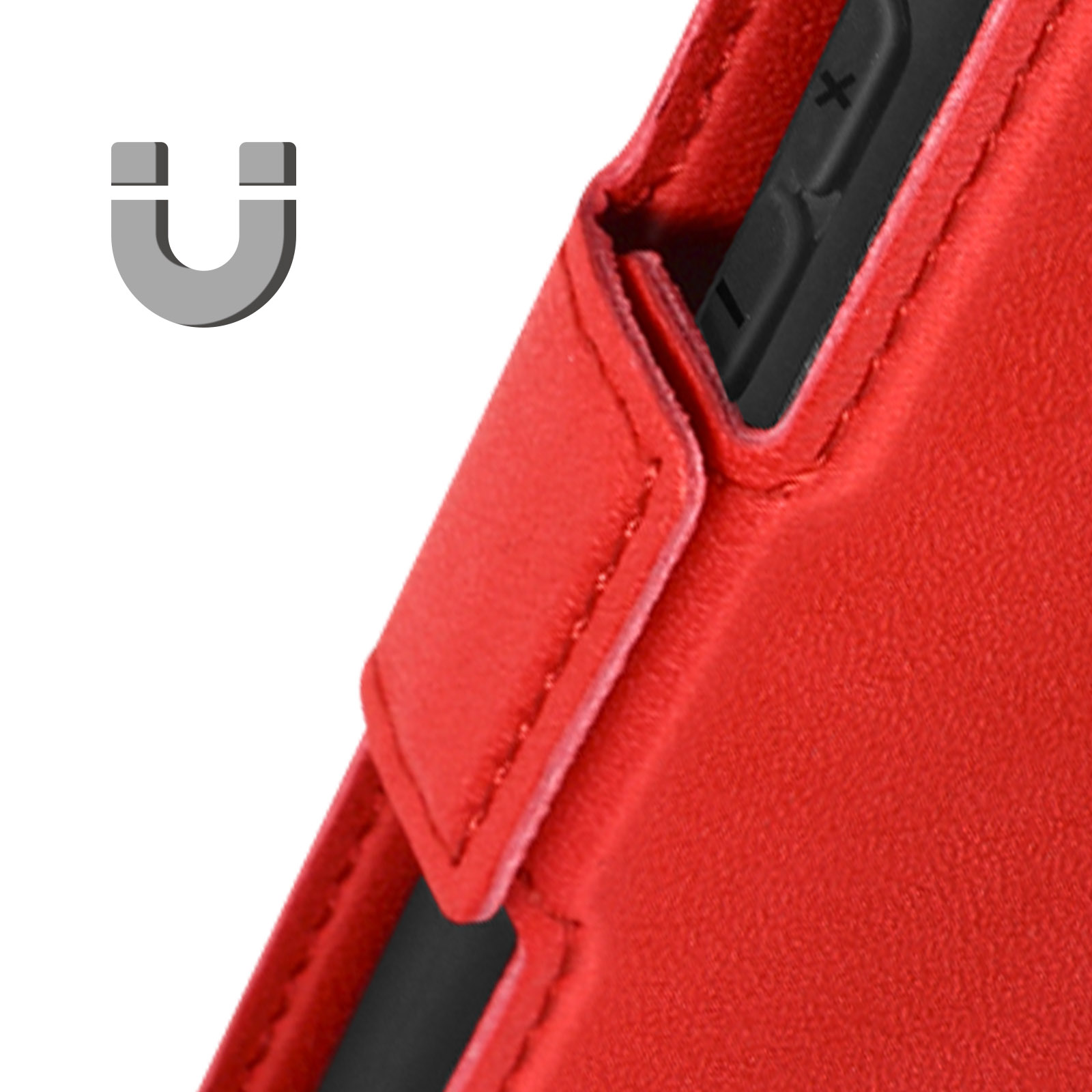 Primo piano di una custodia rossa per telefono con chiusura, un simbolo magnetico grigio è in alto a sinistra.