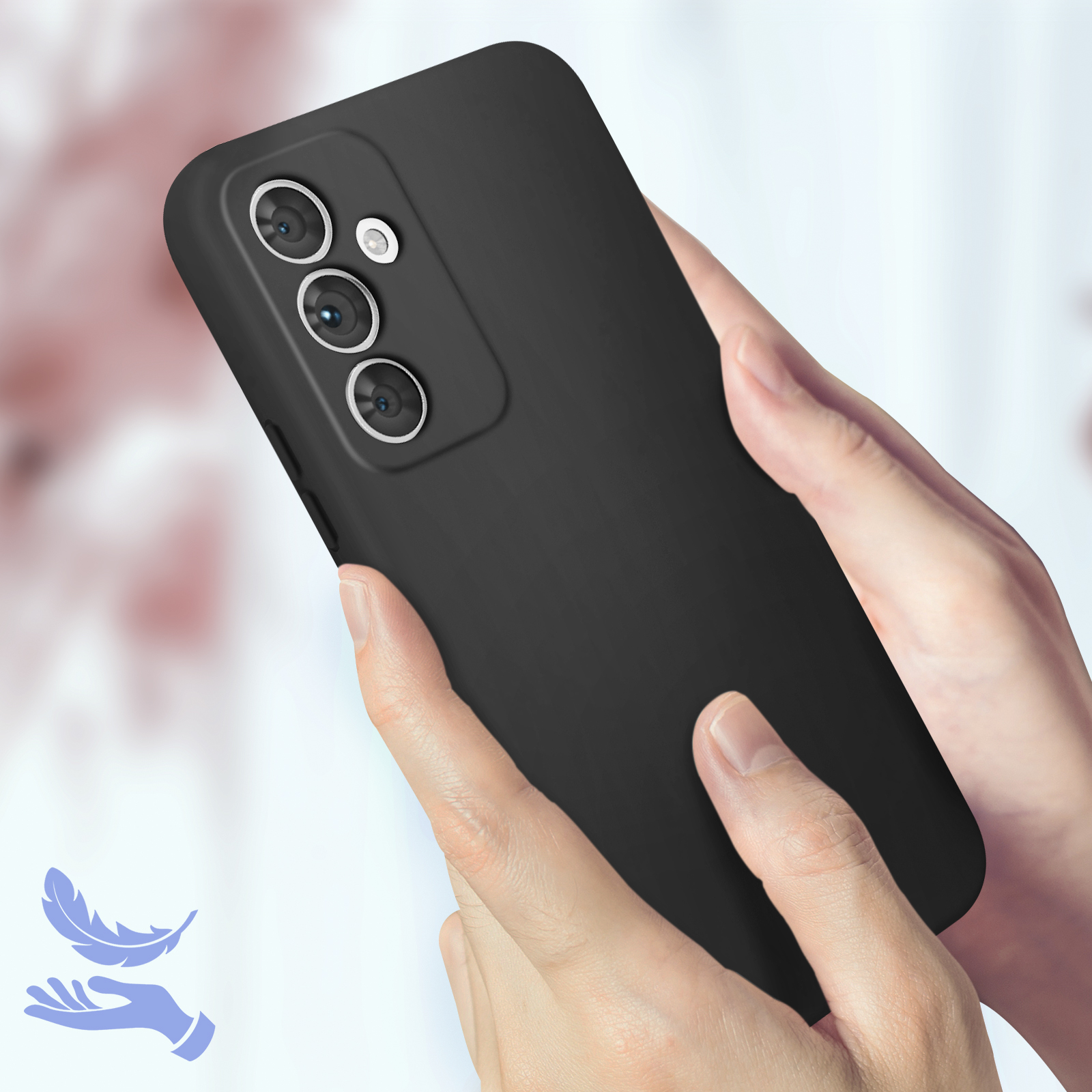 Hände halten schwarzes Telefon mit schwarzer Hülle, Kameralinsen sichtbar.