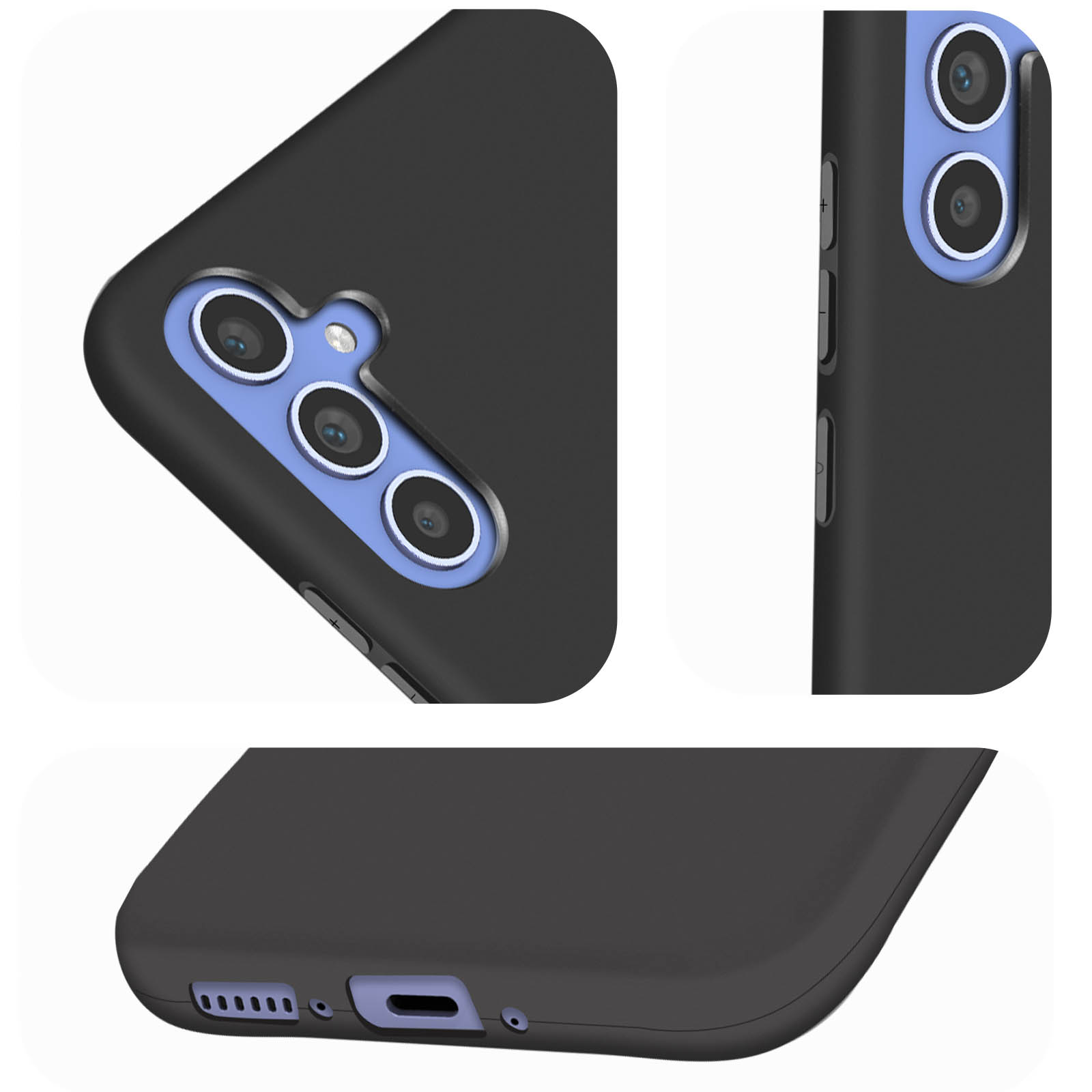 Custodia nera per telefono con ritagli per fotocamera e dettagli dei pulsanti. Anelli della fotocamera blu.