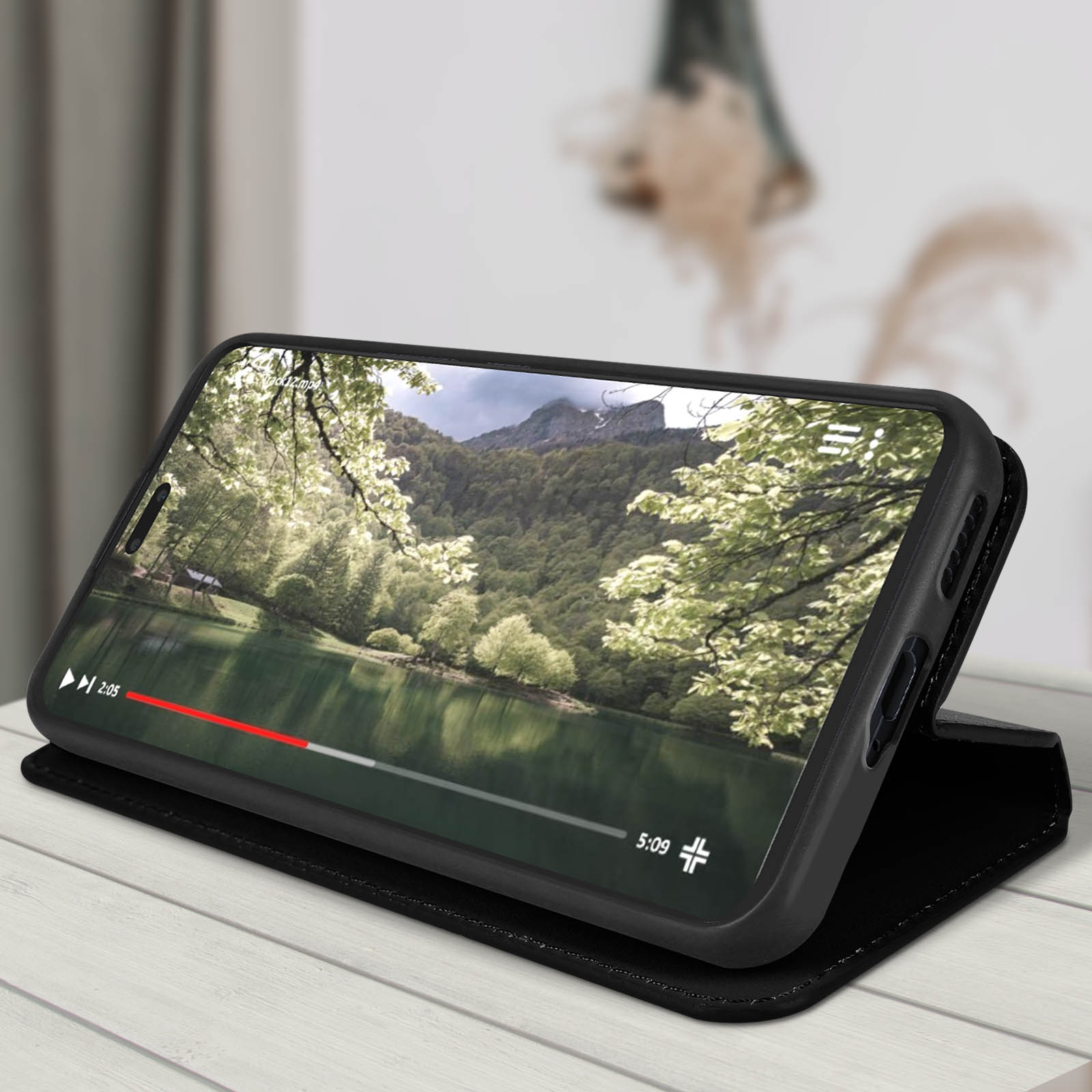 Un telefono sta riproducendo un video su un tavolo. Il telefono è in una custodia nera. Alberi e acqua visibili.