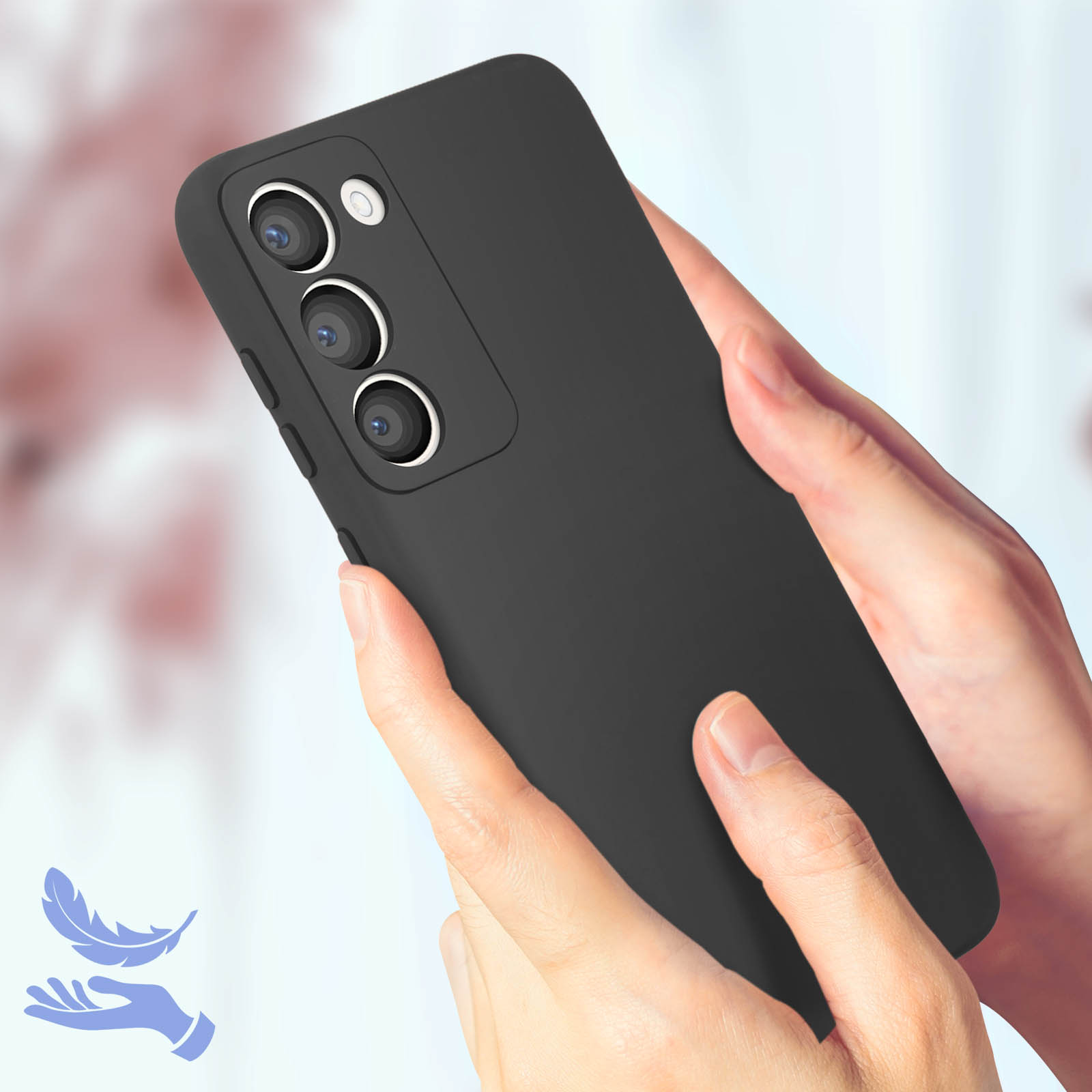 Custodia nera in mano. Soft touch. Simbolo piuma azzurro.