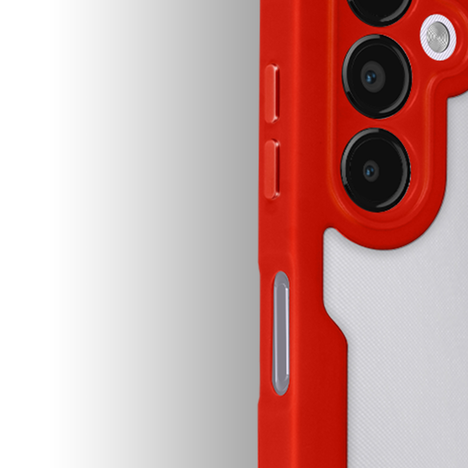 Primo piano di una custodia per telefono rossa e bianca con modulo fotocamera.