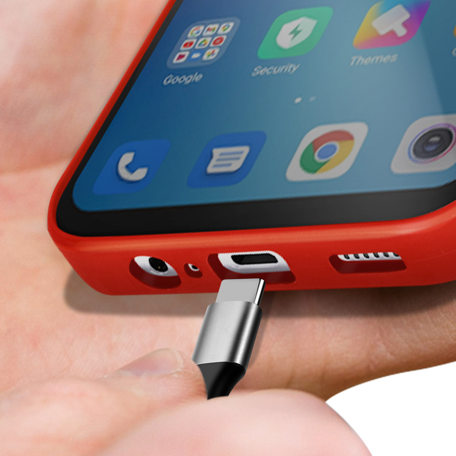 Un telefono viene caricato con un cavo USB-C. Il telefono è in una custodia rossa.