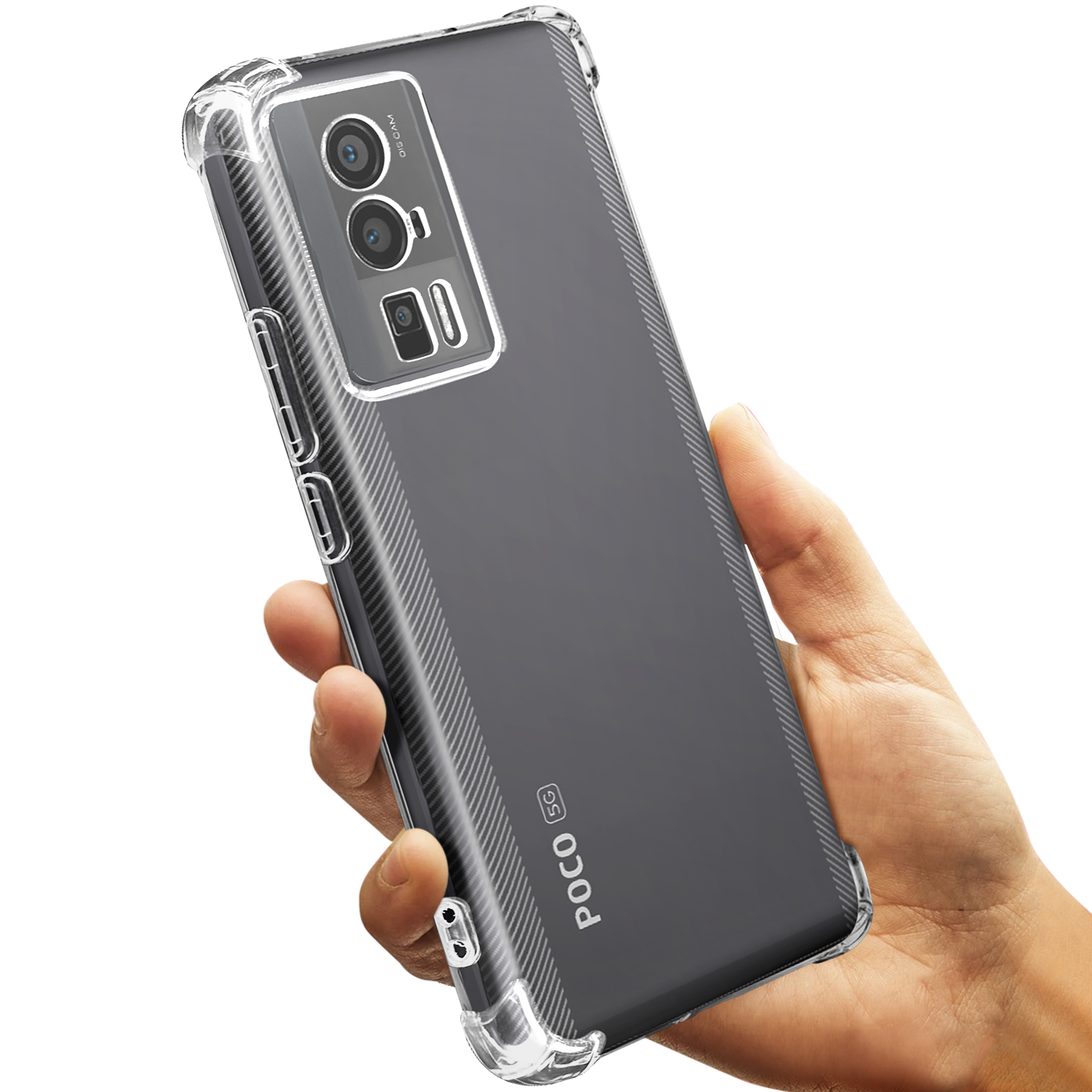 Mano che tiene uno smartphone con custodia trasparente. Sfondo bianco.