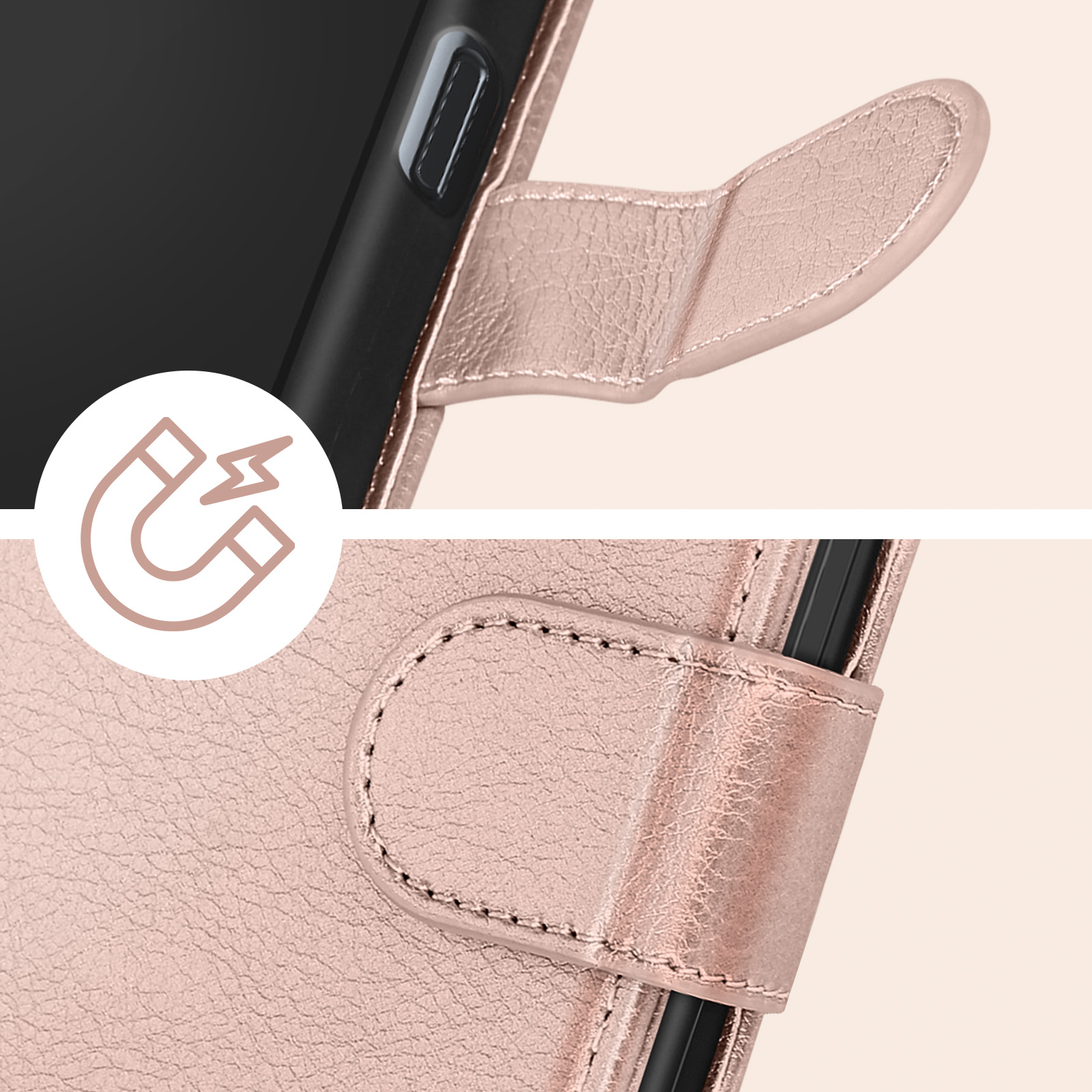 Detail der Handyhülle. Die Hülle ist rosa. Die Hülle hat einen Magnetverschluss. Nahaufnahme.