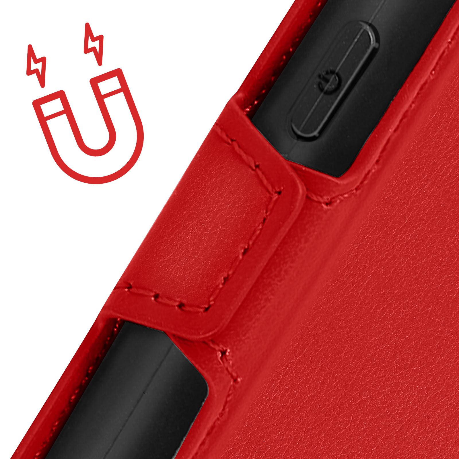 Custodia rossa con simbolo del magnete. La custodia è rossa. Il simbolo è anch'esso rosso.