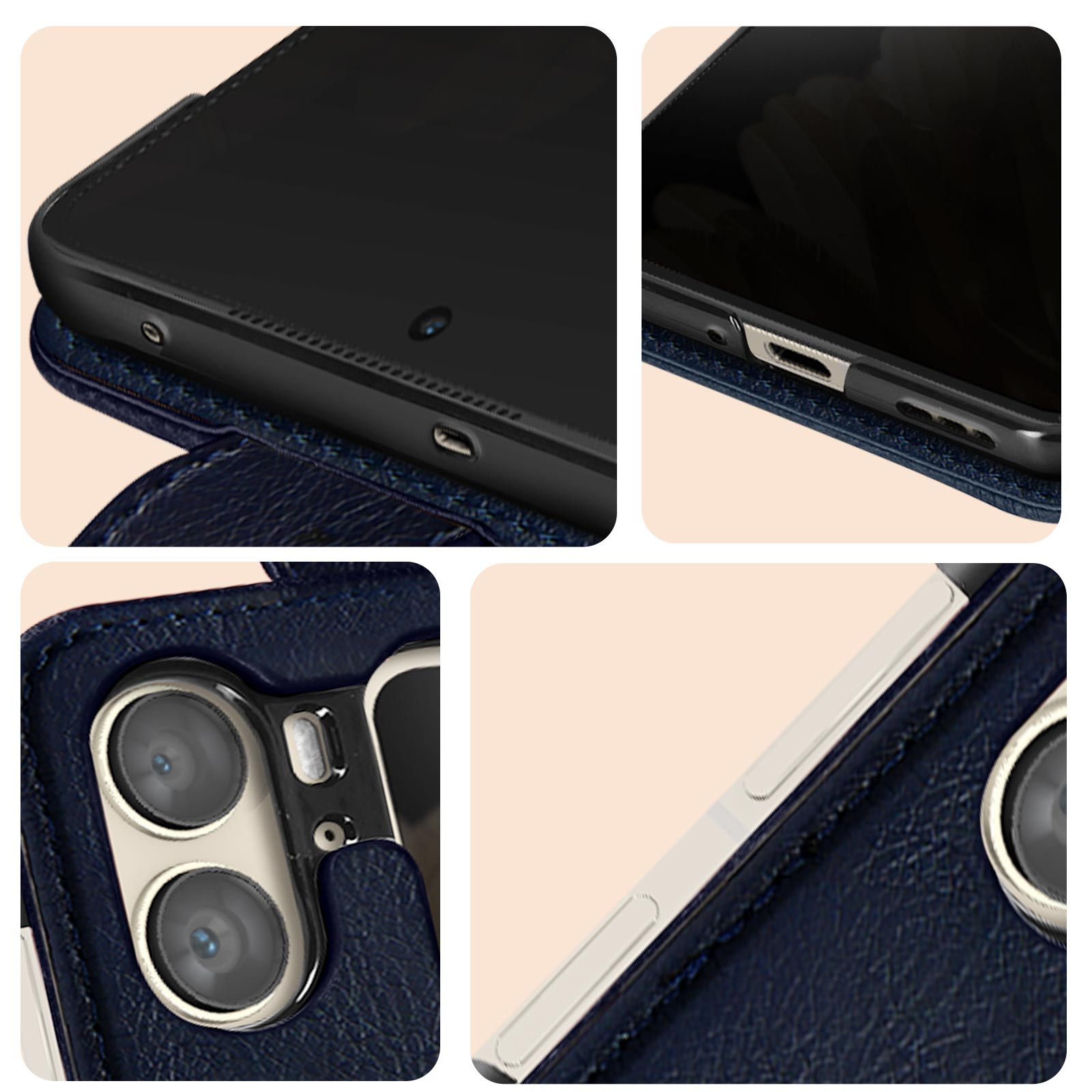 Collage van een blauwe leren telefoonhoes. Verschillende weergaven met details van de telefoon en hoes.