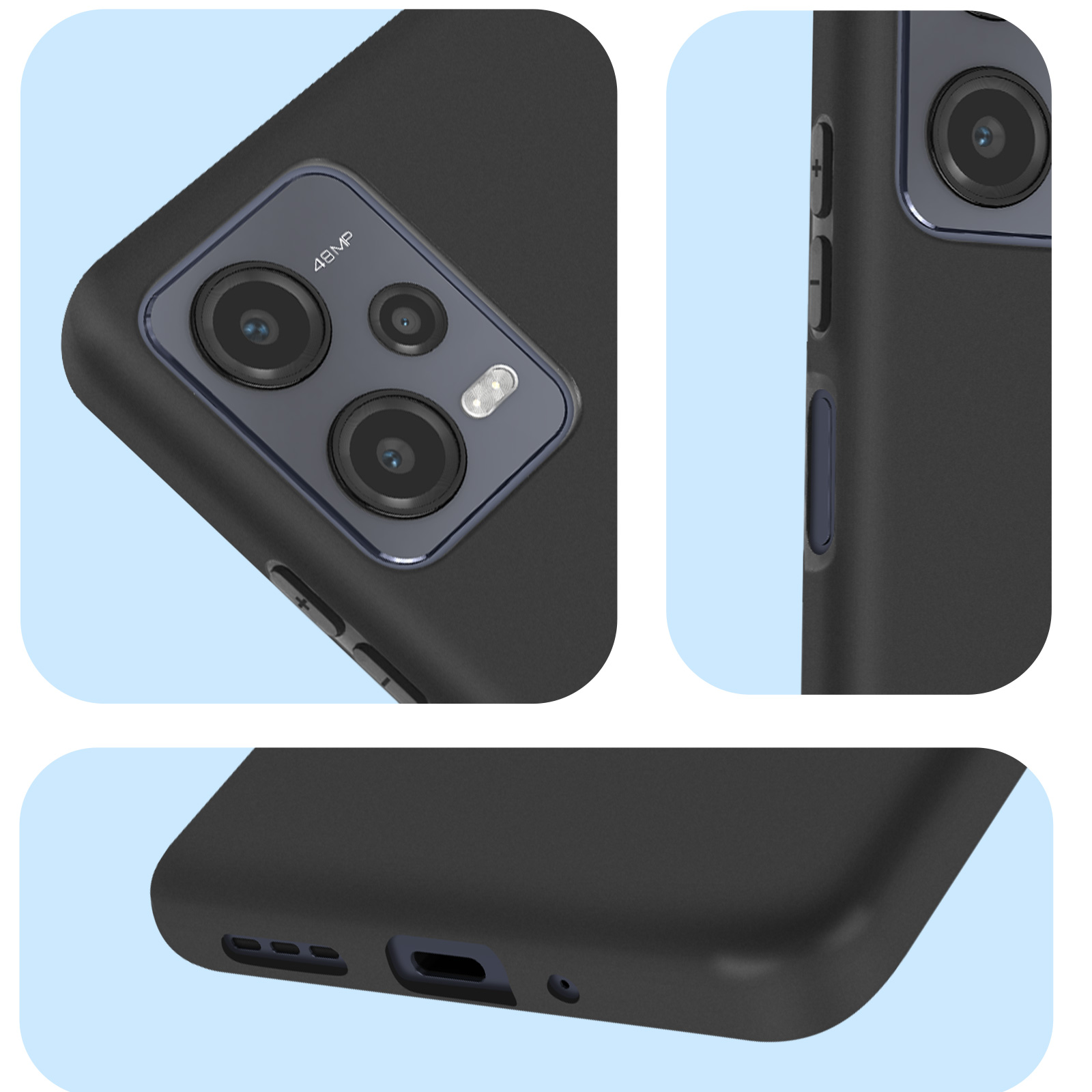 Custodia per telefono nera, con le lenti della fotocamera visibili sul telefono in primo piano.