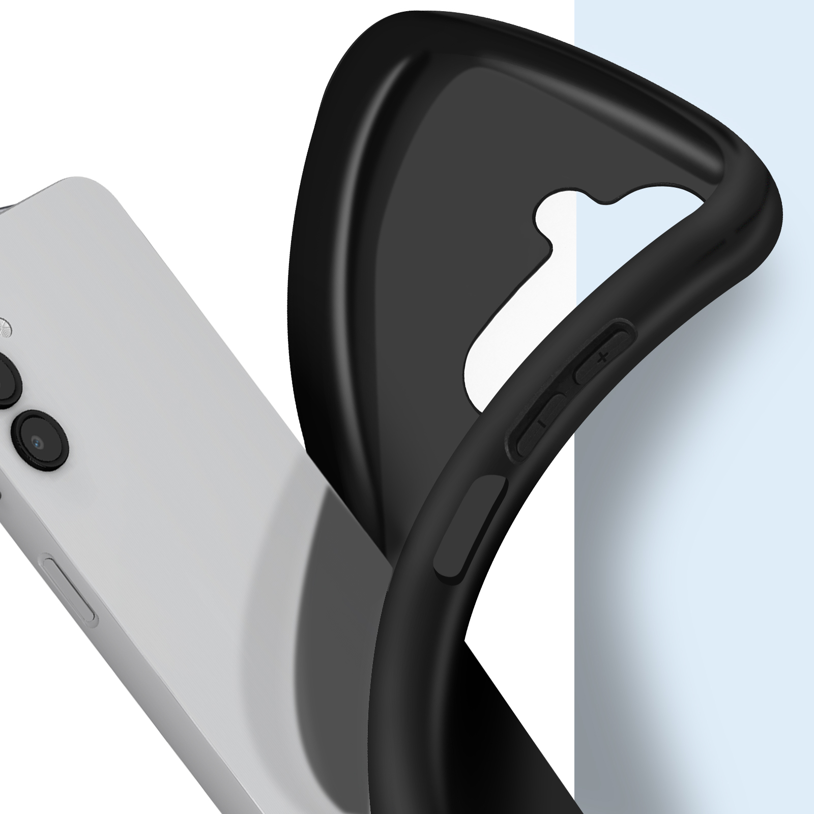 Custodia nera per telefono davanti a sfondo bianco e blu e smartphone grigio.