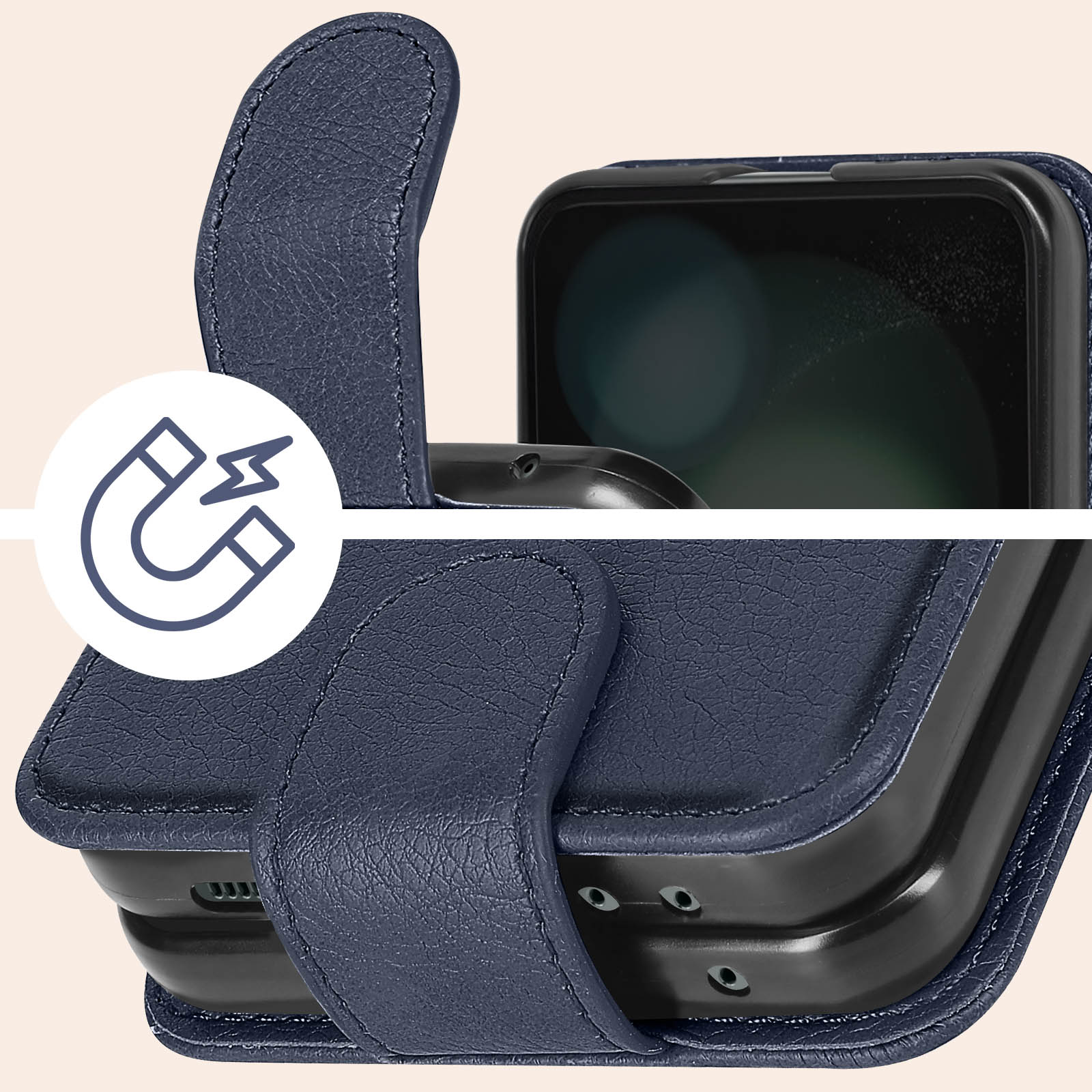 Un primo piano di una custodia blu per telefono. Viene mostrato un simbolo di magnete. La custodia ha un cinturino.