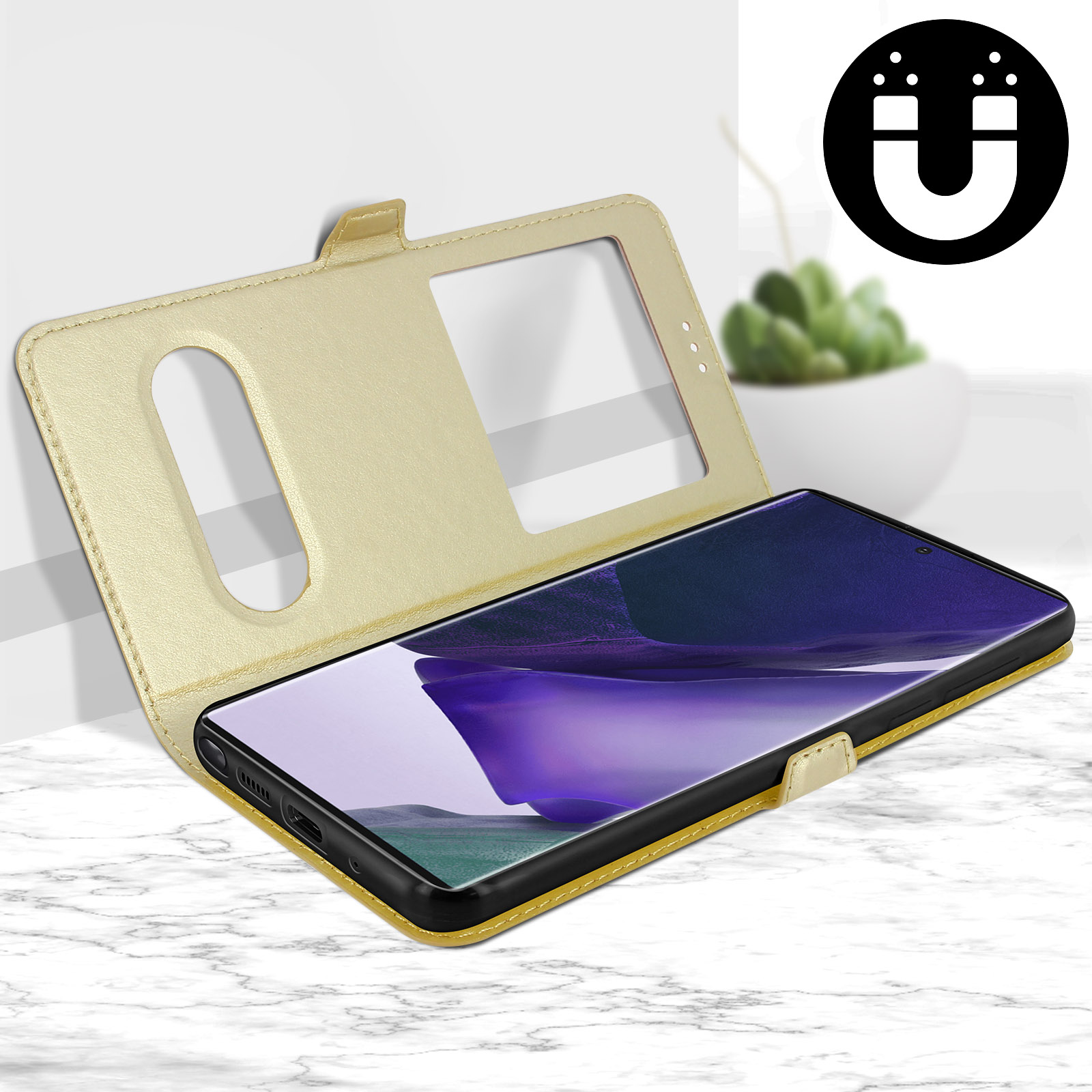 AVIZAR Towind Bookcover, Samsung, Gold Galaxy Series, Ultra, 20 Note