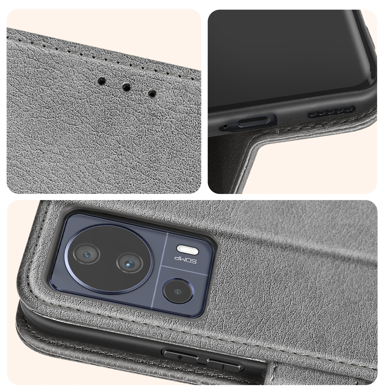 Primo piano di una custodia per telefono grigia che mostra i dettagli: cuciture, fori delle porte e una doppia fotocamera.