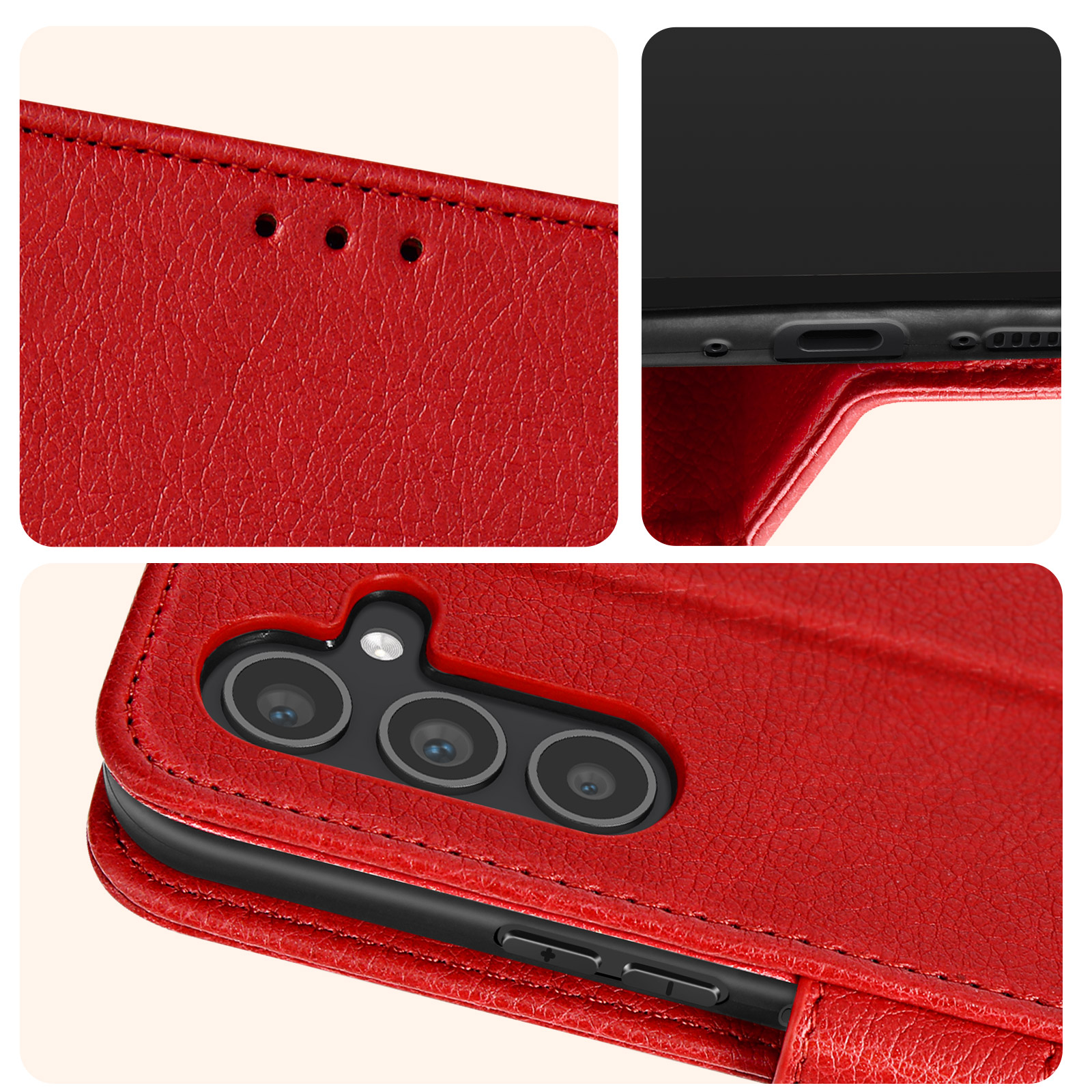 Primi piani di una custodia rossa. La custodia è simile alla pelle e la fotocamera è visibile. È una custodia a libro.