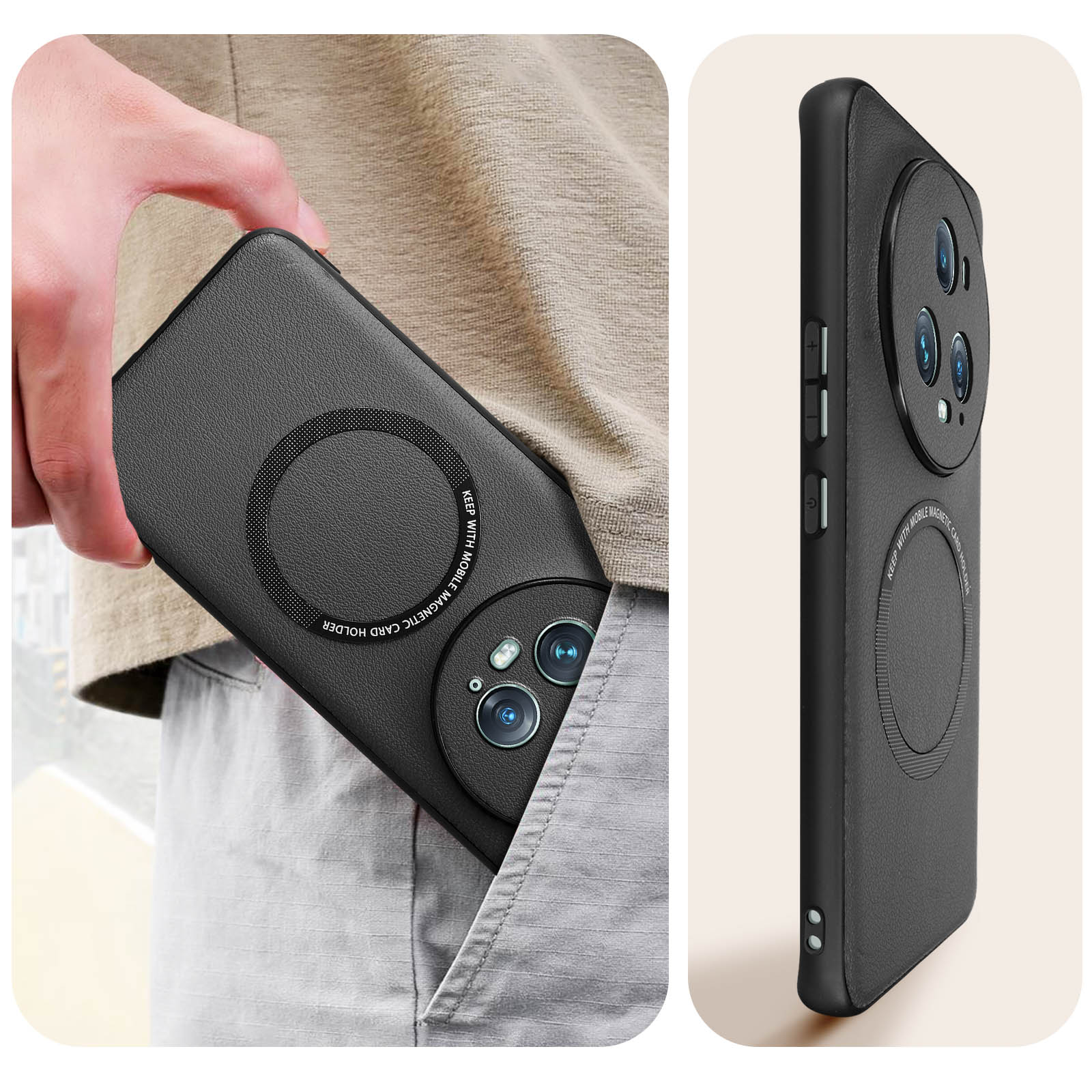 A person holds a black phone case with a magnetic card holder. The phone case has a camera opening.