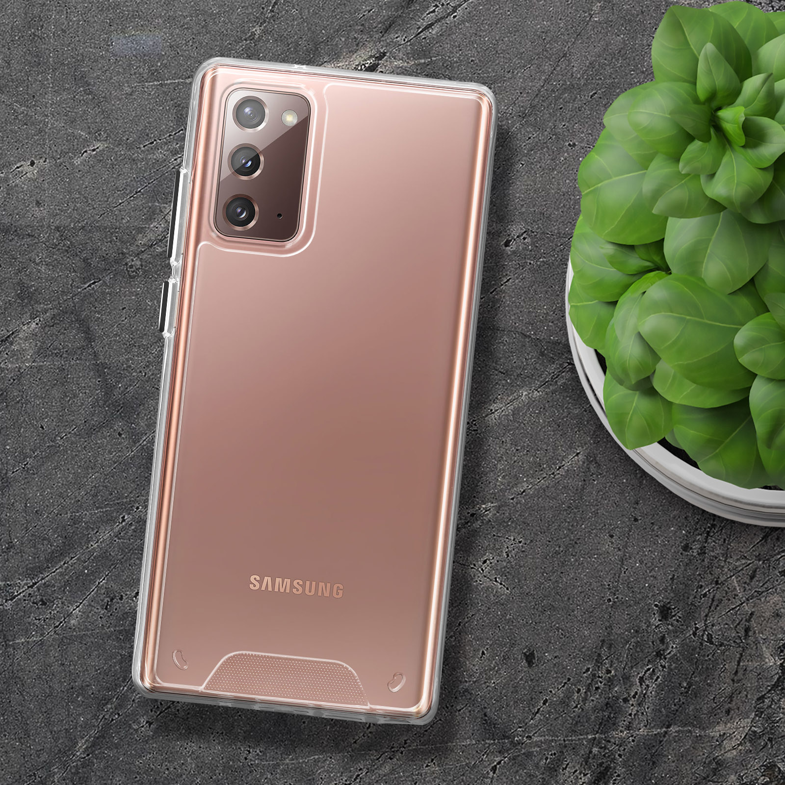 Téléphone or rose avec étui transparent et plante verte. L'étui est sur une surface sombre.