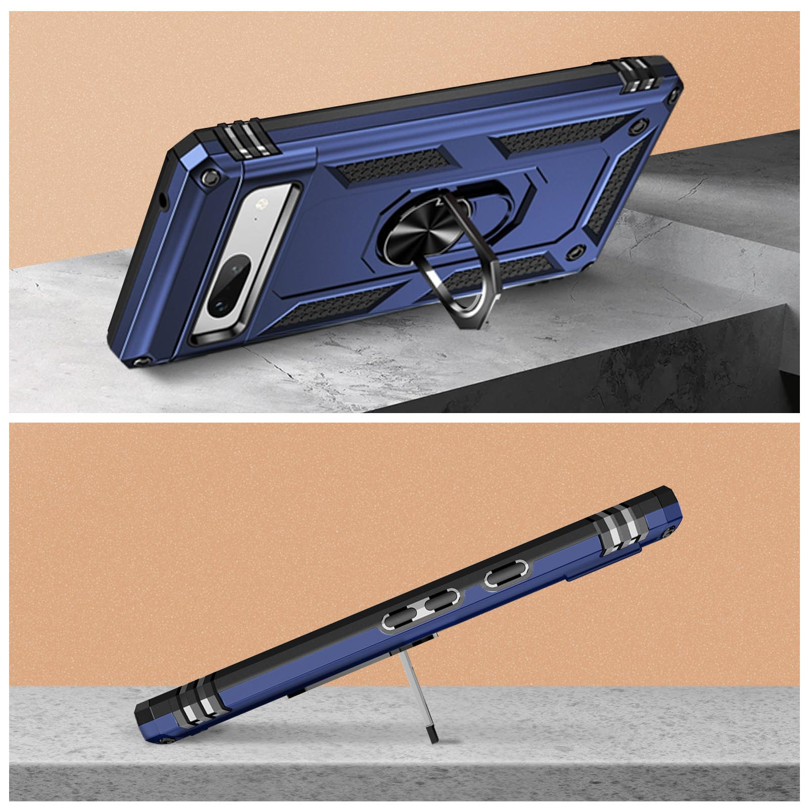 Custodia blu per telefono con cavalletto. La custodia ha un design robusto e un supporto ad anello.