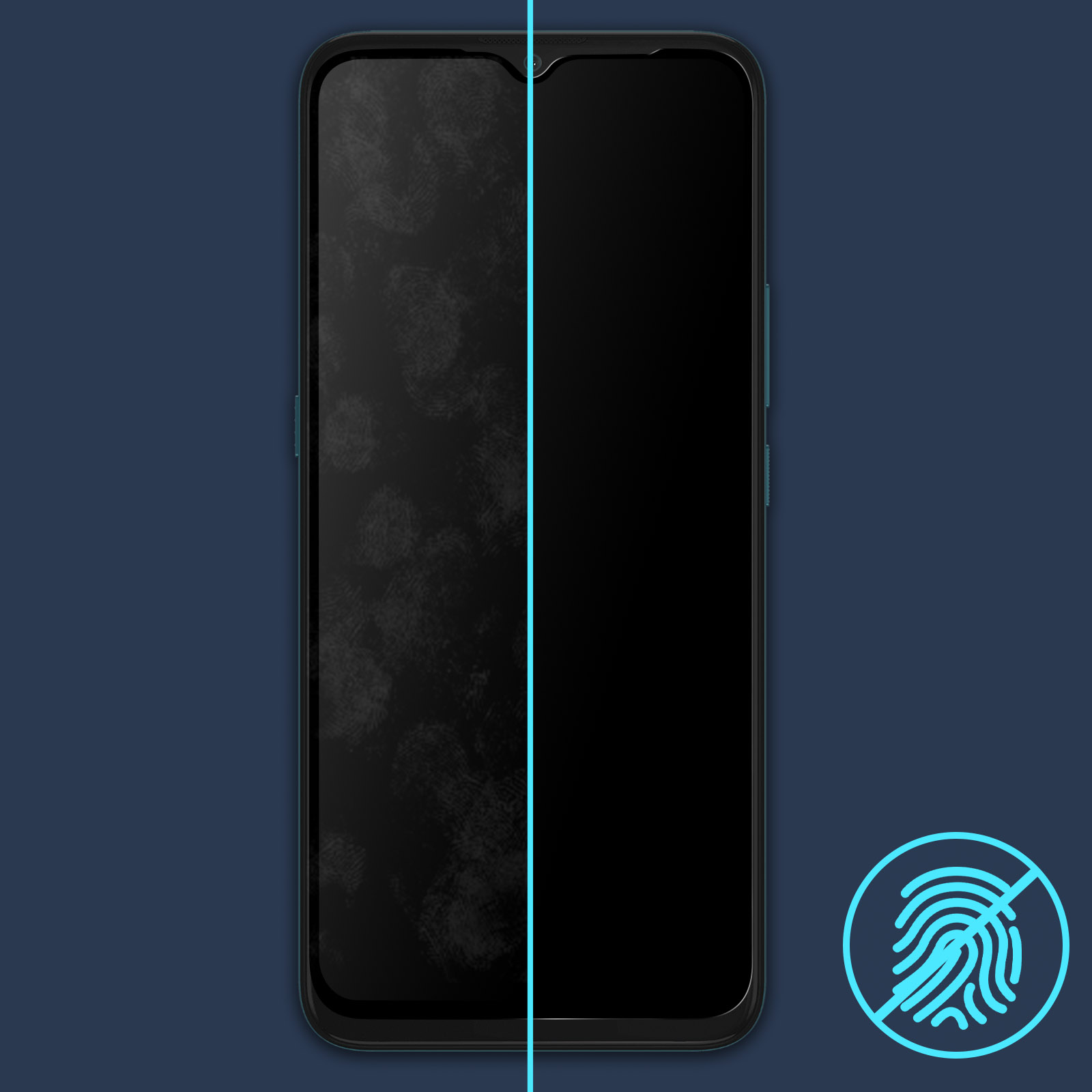 Schermo del telefono diviso, a sinistra impronte digitali, a destra pulito. Sfondo blu con logo di divieto di impronte digitali.