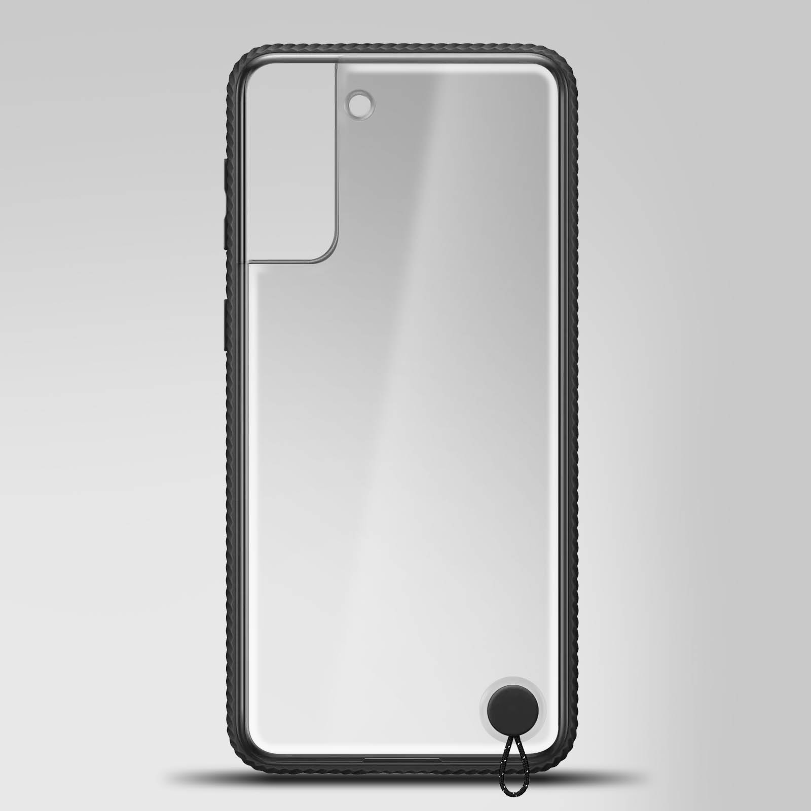 Transparente Handyhülle mit schwarzem Rand, Schlaufe für ein Umhängeband, vor einem Gradienten-Hintergrund.
