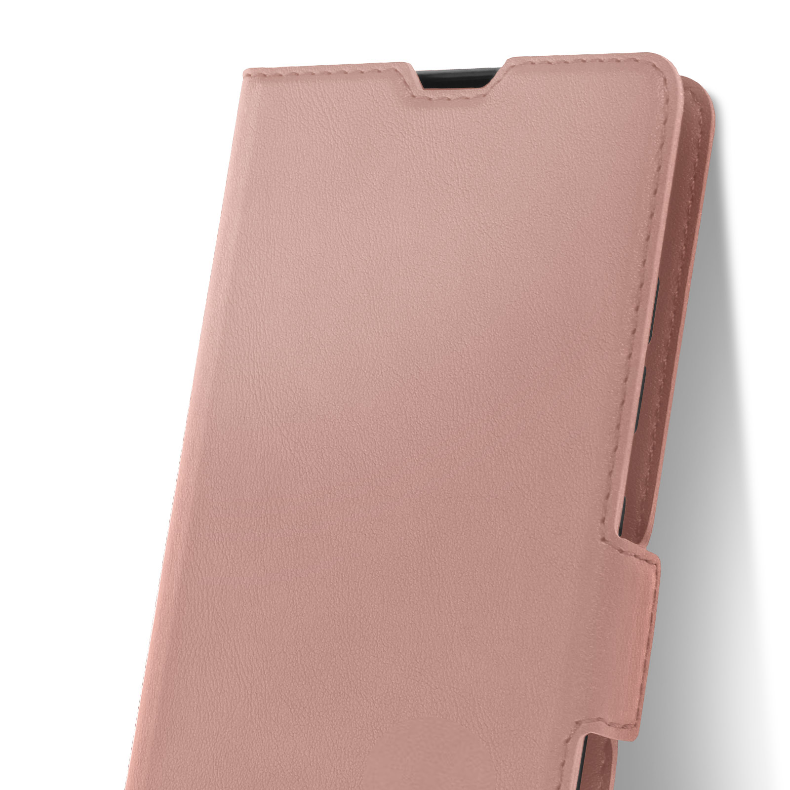 Una custodia per telefono rosa viene mostrata, parzialmente aperta. La custodia è realizzata in pelle o materiale simile.