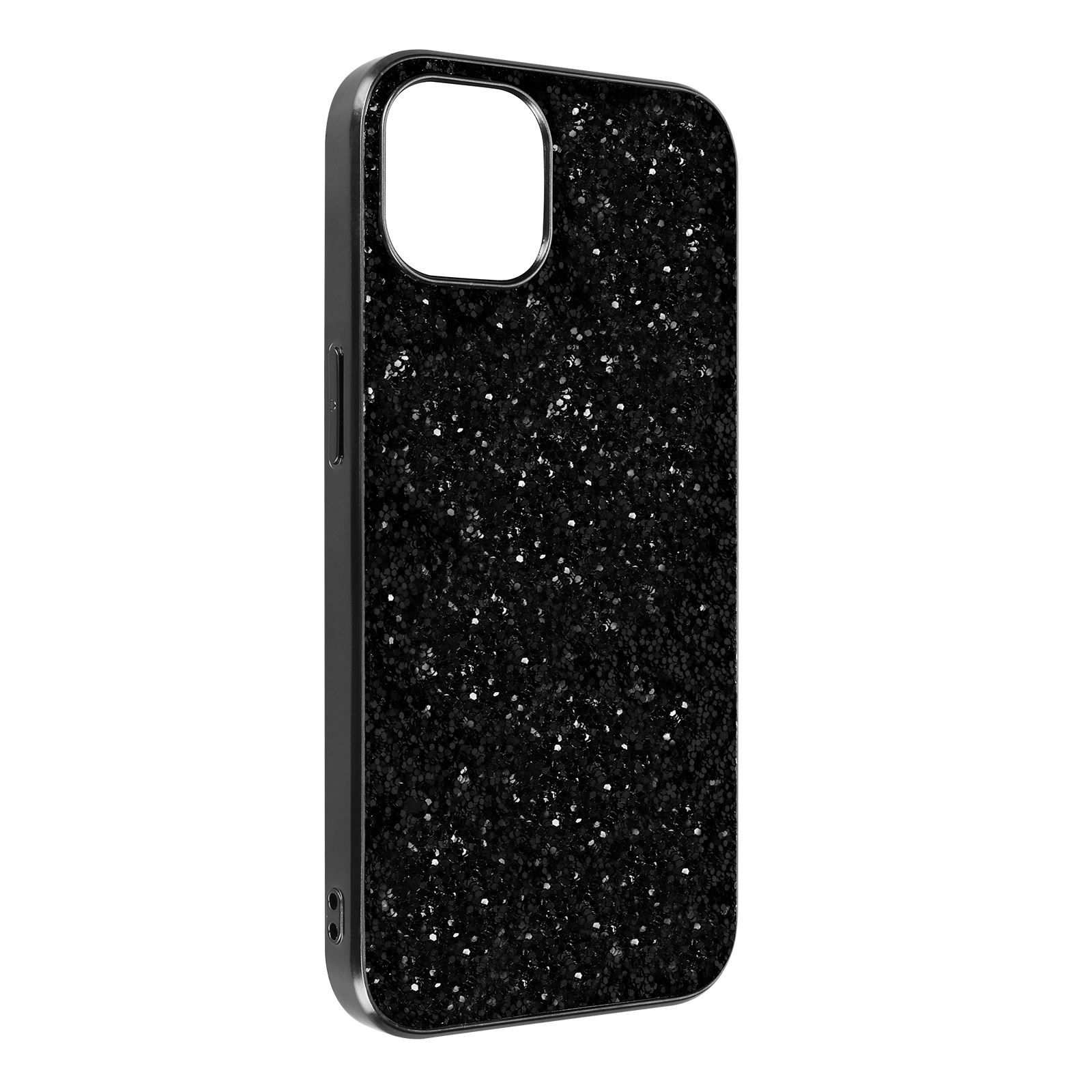 Una custodia per telefono nera con glitter lucidi, con finiture argentate.