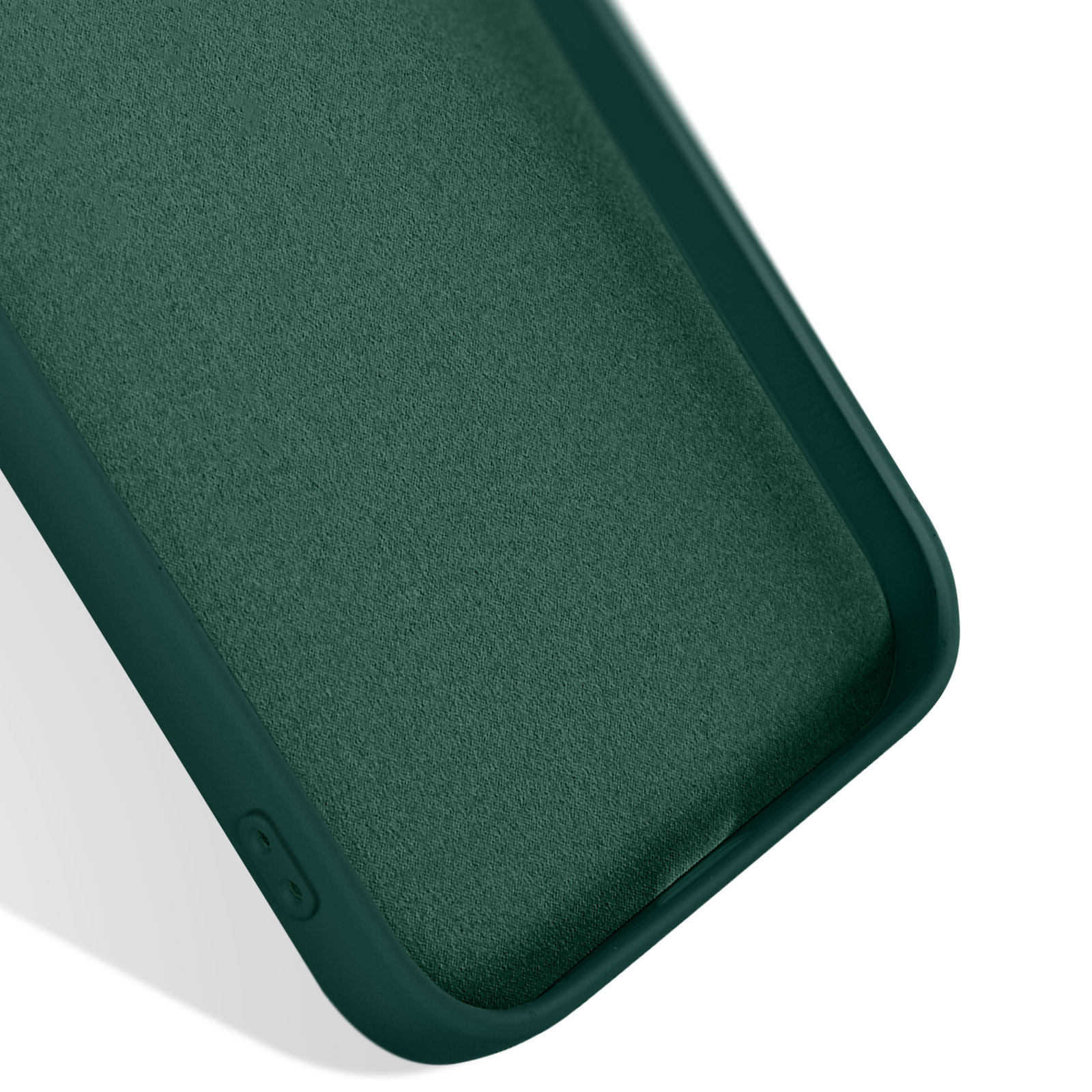 Primo piano di una custodia per telefono verde scuro. La trama interna è visibile.