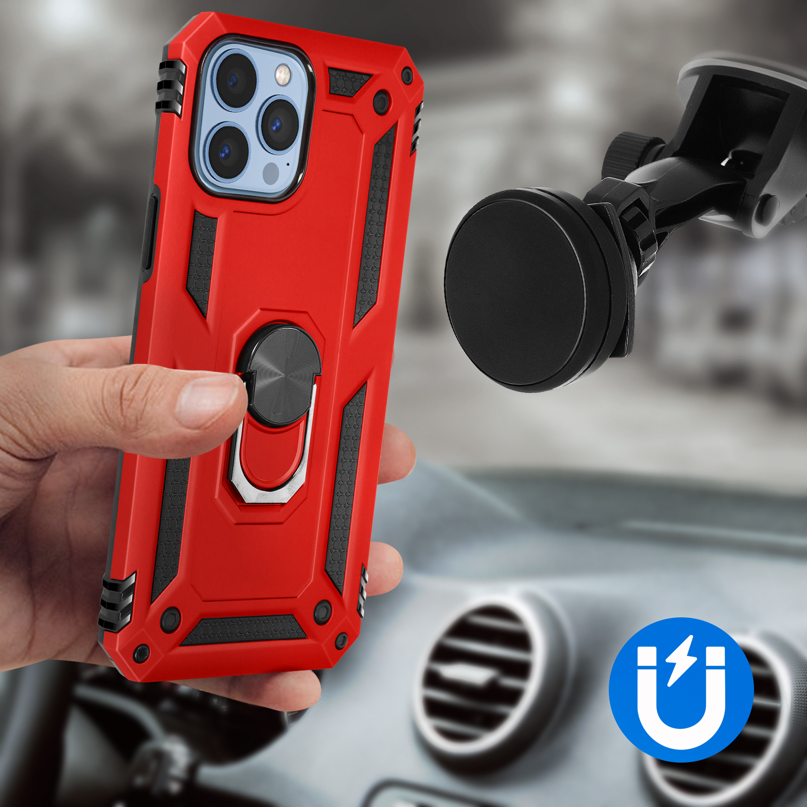 Een rode telefoonhoes met een ringhouder, vastgehouden door een hand. Een auto-interieur op de achtergrond.
