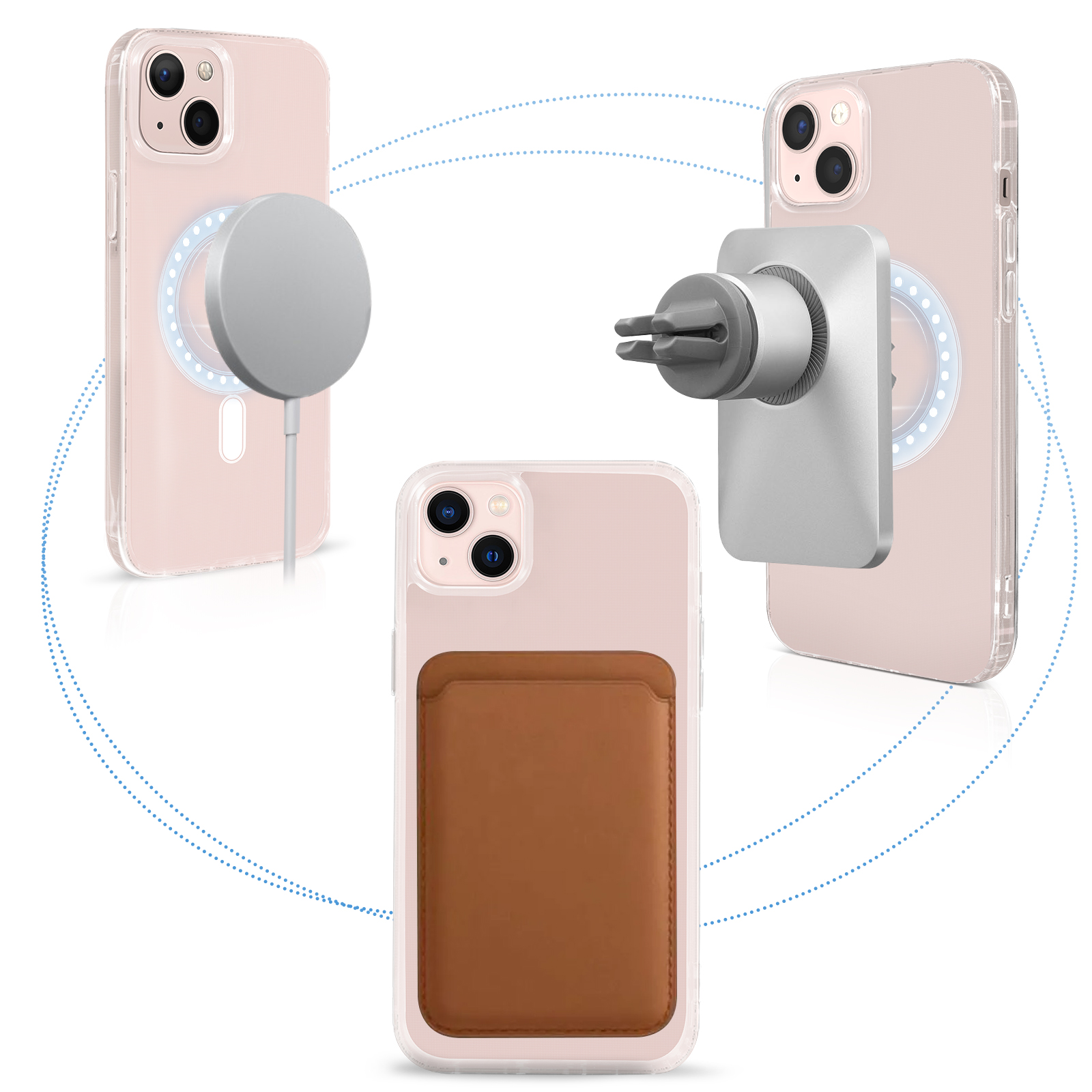 Tre custodie per iPhone con diversi accessori. Uno con caricatore magnetico, uno con supporto per bocchetta e uno con portafoglio.