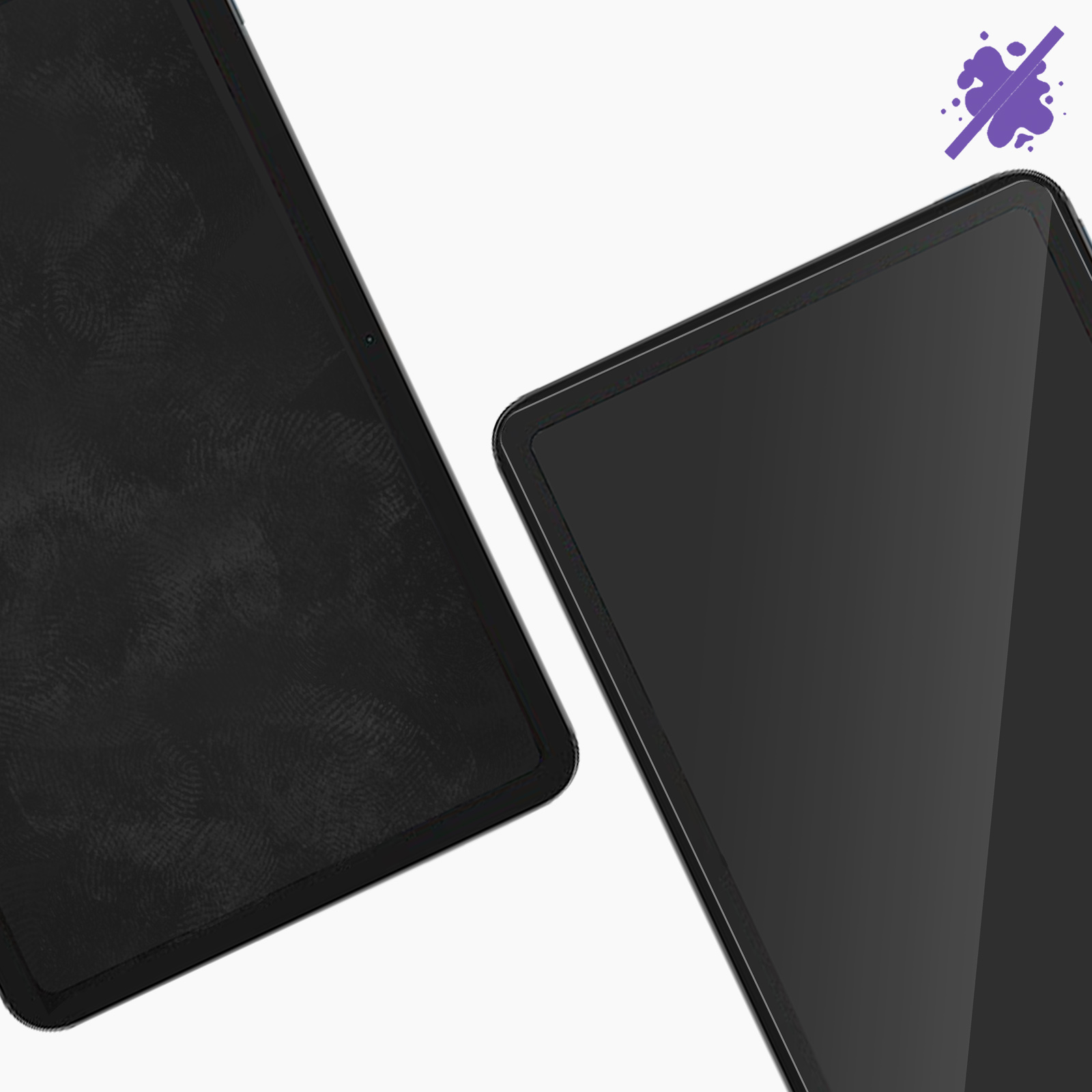 Dos tabletas negras lado a lado sobre una superficie blanca. Una muestra huellas dactilares. Icono de salpicadura.