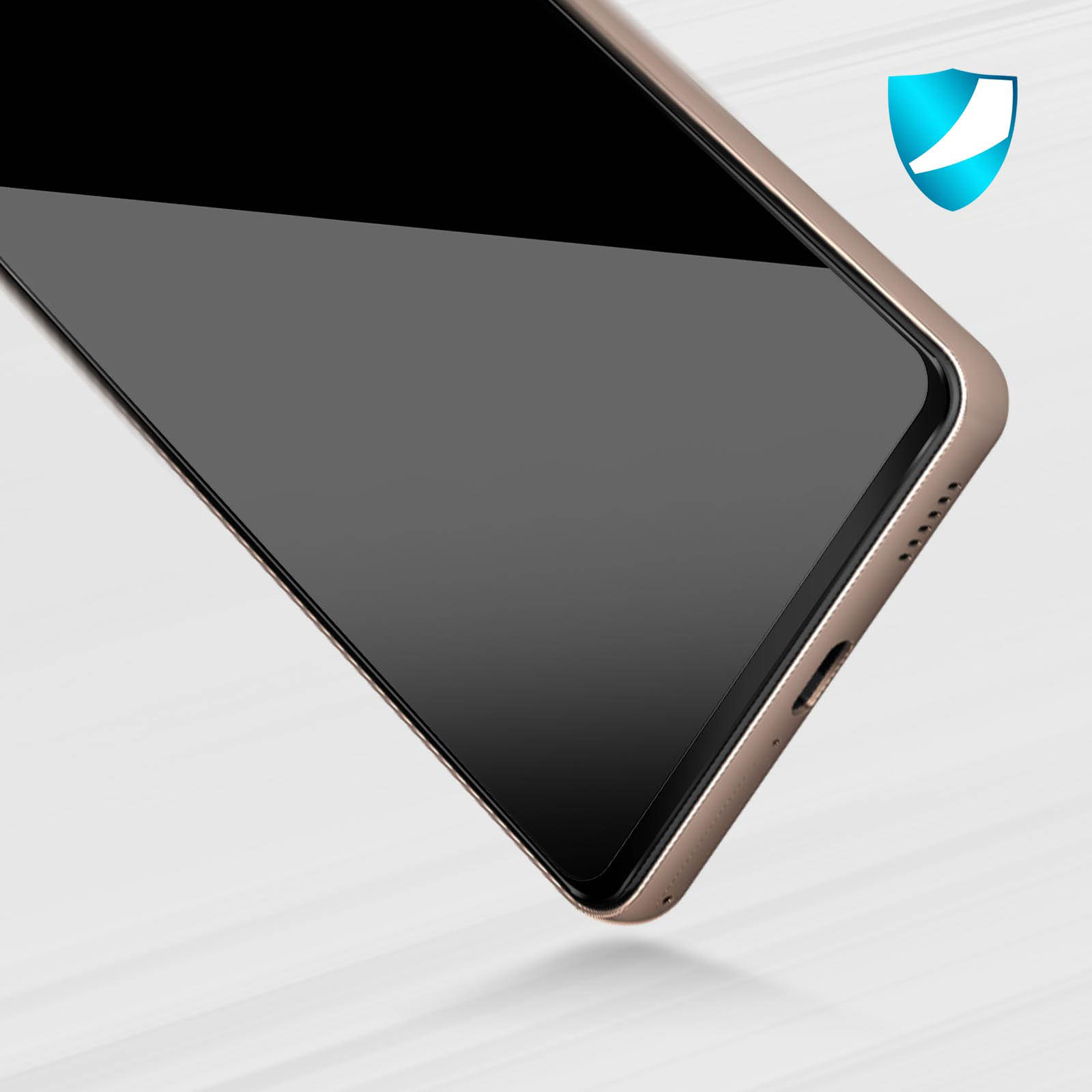 Telefono con cornice dorata. Logo scudo blu sullo sfondo.