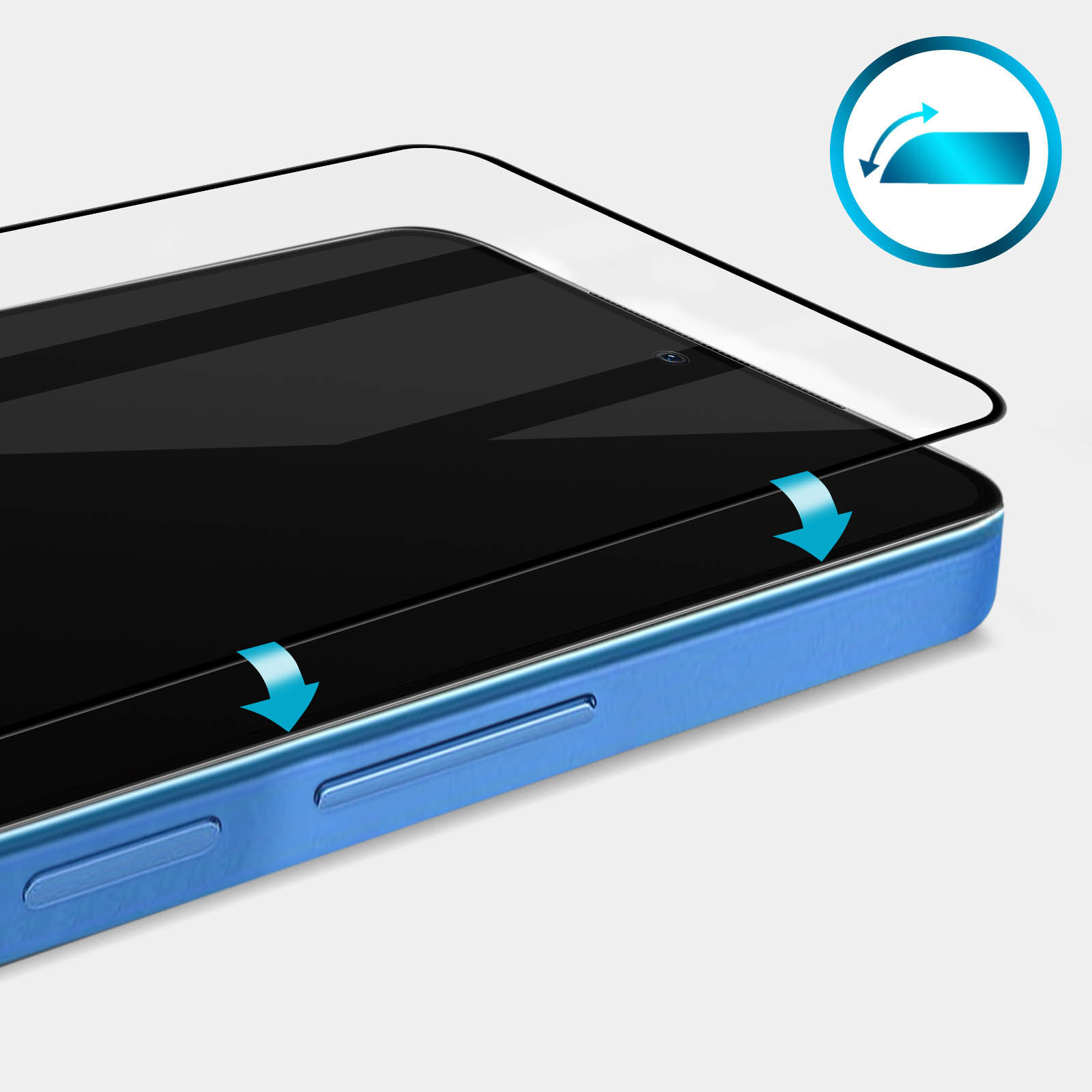Una protezione per lo schermo viene applicata a un telefono blu. Sono visibili anche frecce e una grafica.
