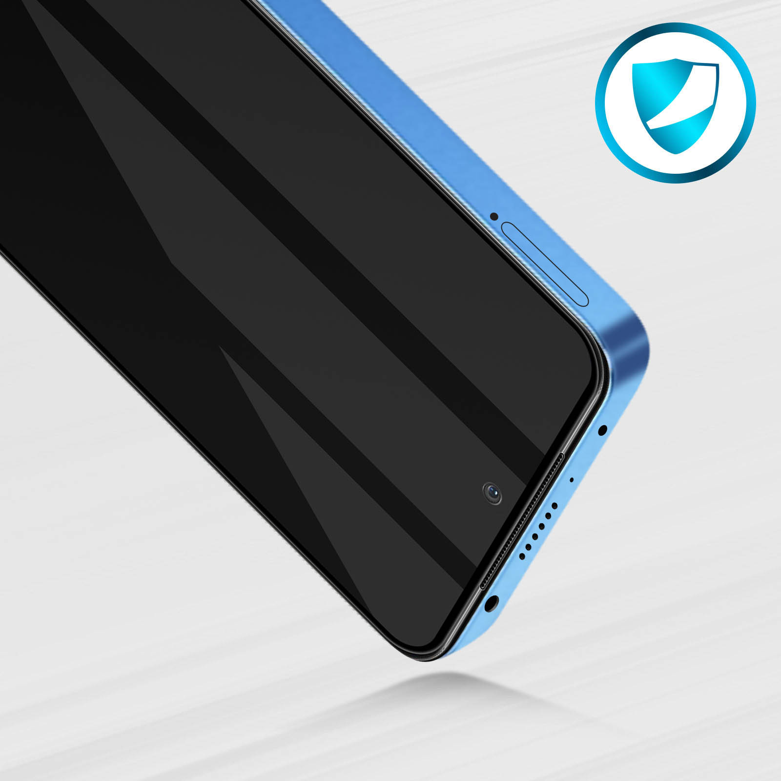 Telefono con protezione schermo. Il telefono è blu, è presente un'icona a scudo.