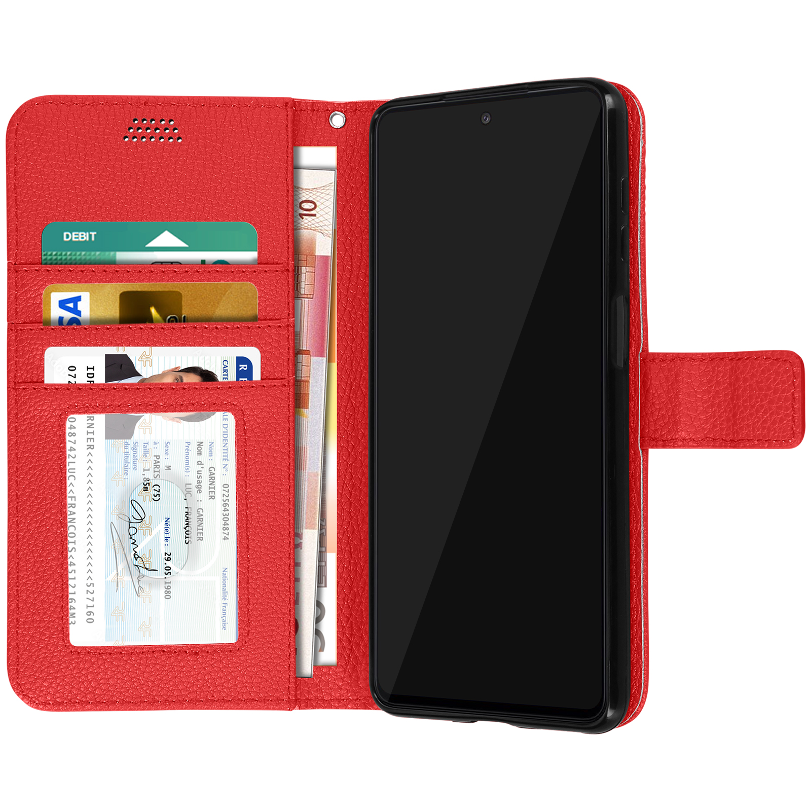 Portafoglio per telefono rosso aperto, con carte, denaro e un telefono nero.
