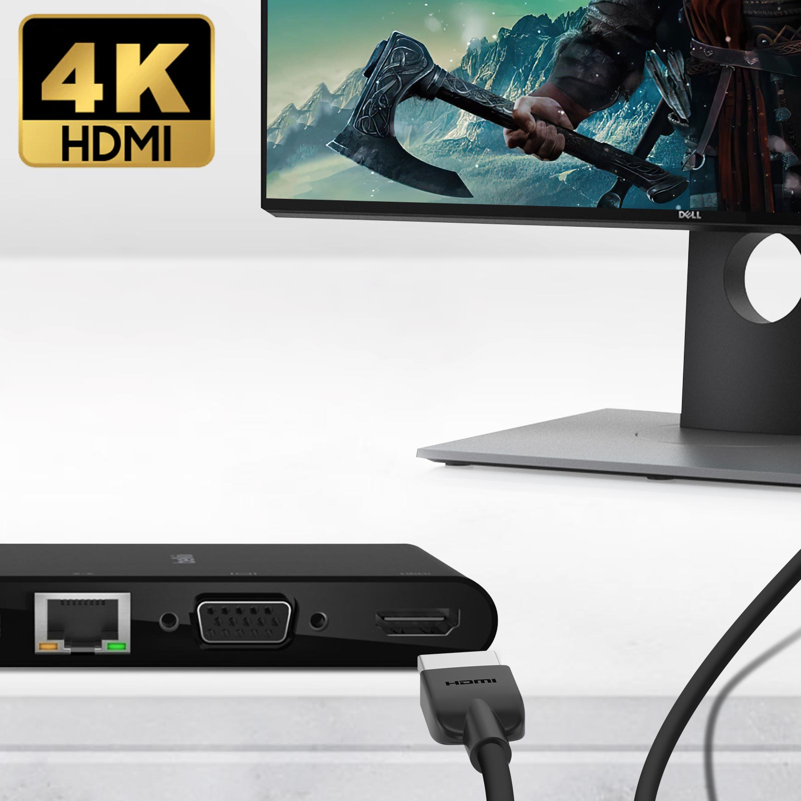 Viene mostrato un logo 4K HDMI, con un dispositivo nero e uno schermo del monitor.