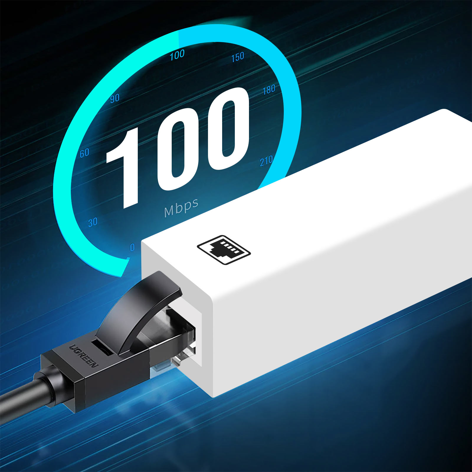 Adaptateur réseau blanc avec étiquette 100 Mbps. Câble noir connecté à l'adaptateur.