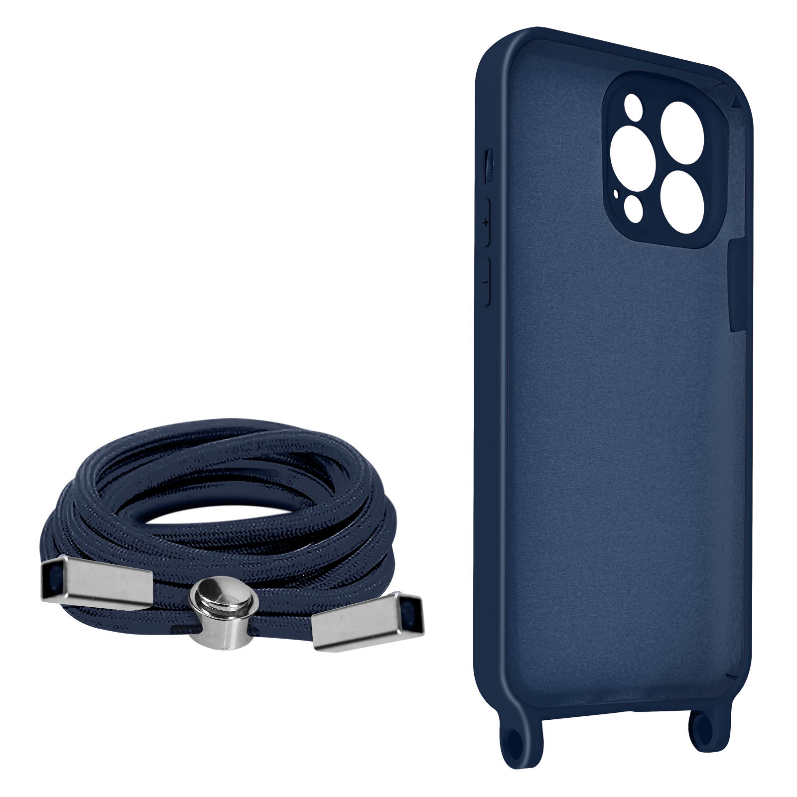 Custodia per telefono blu navy e cordino abbinato. La custodia ha fori per la fotocamera. Il cordino ha chiusure in metallo.