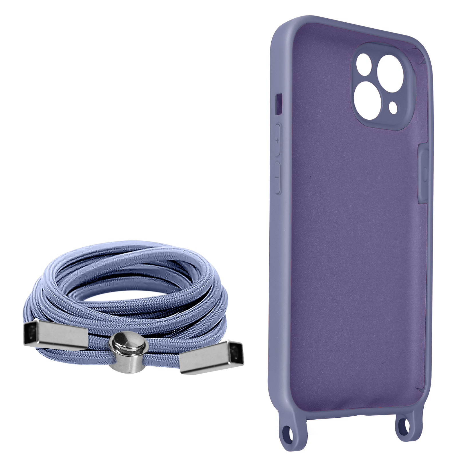 Una custodia per telefono e un cordino blu. La custodia è viola e ha fori per un cordino.