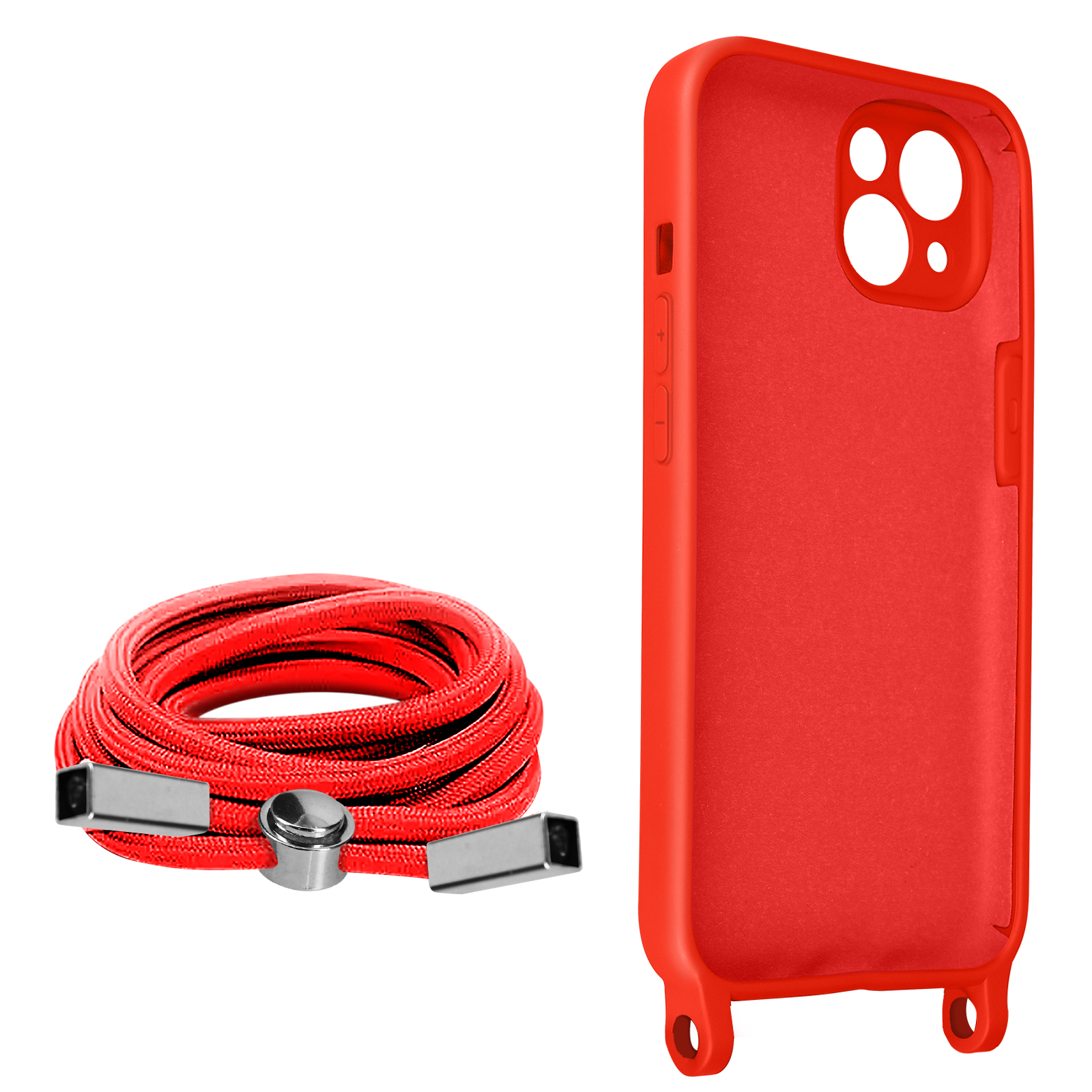Rood telefoonhoesje en een rood koord. De case heeft twee gaten voor het koord. Witte achtergrond.
