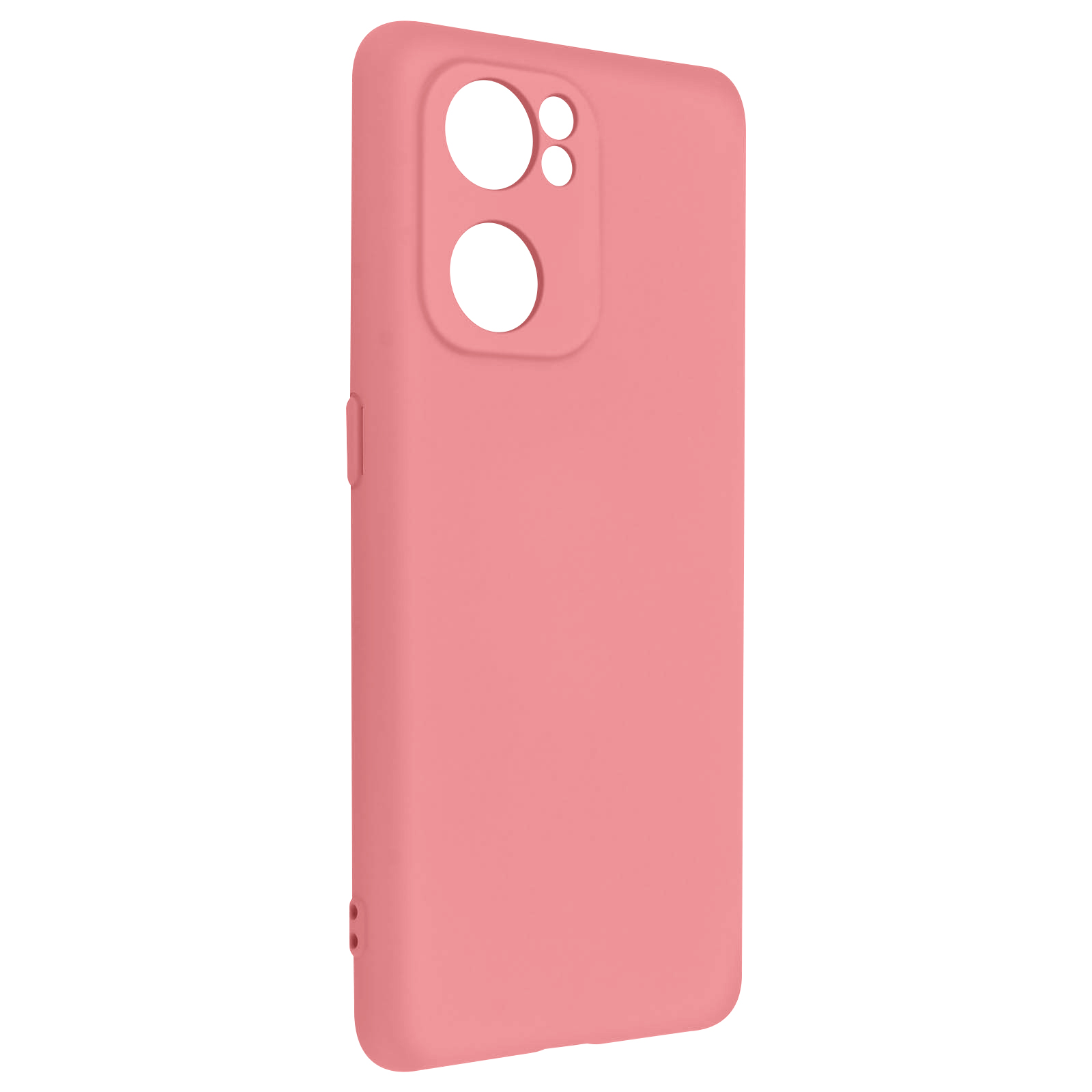 Custodia per telefono rosa. Tinta unita con fori per fotocamera. Vista angolata con angoli arrotondati.