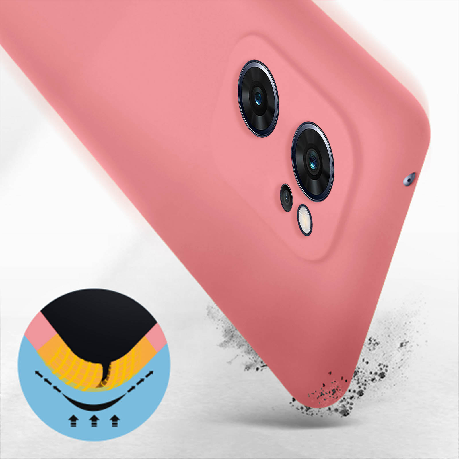 Custodia rosa per telefono con doppia fotocamera, caduta. Grafica dettagliata protezione.