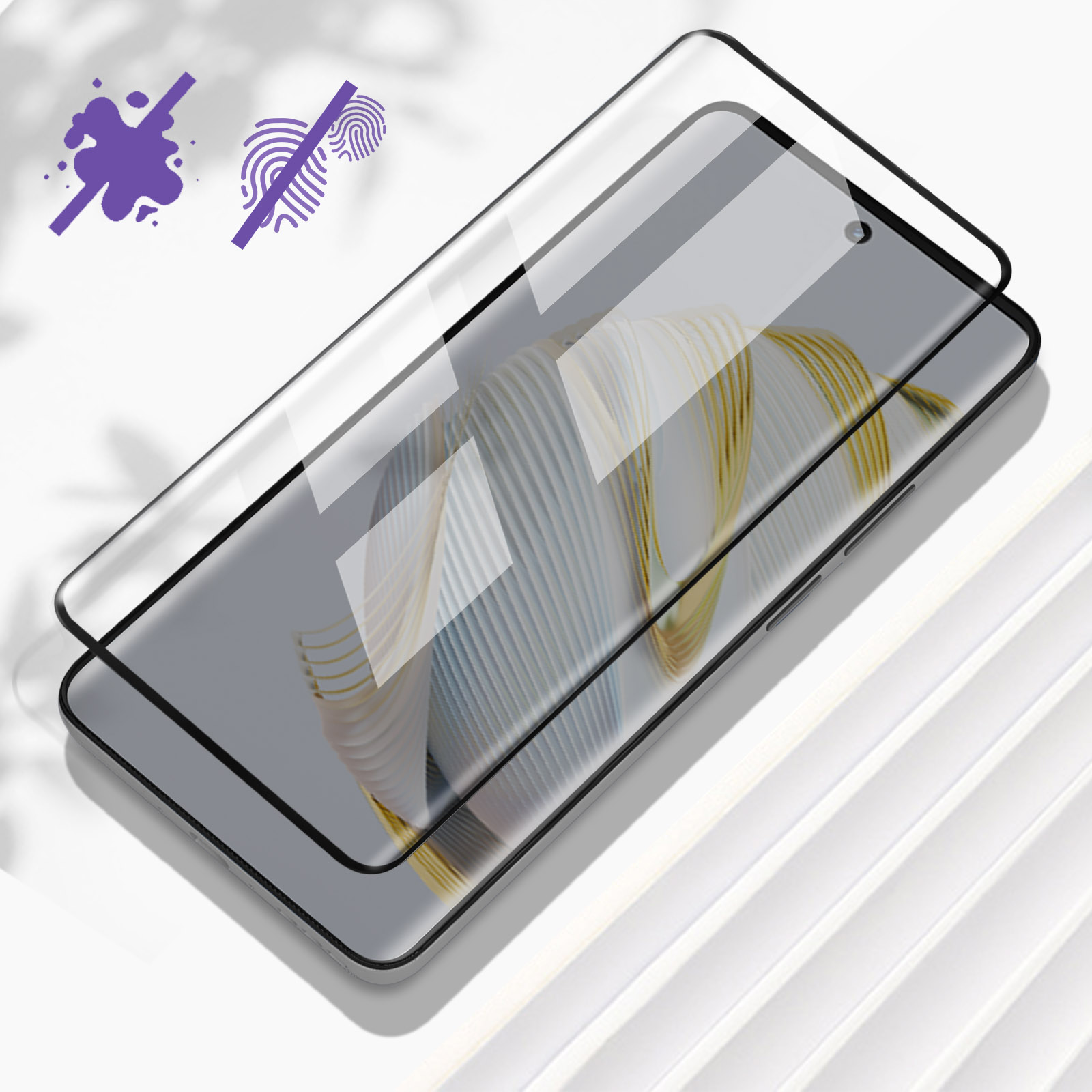 Un telefono con protezione schermo, con icona impronta digitale e icona di spruzzo. Il telefono è su bianco.