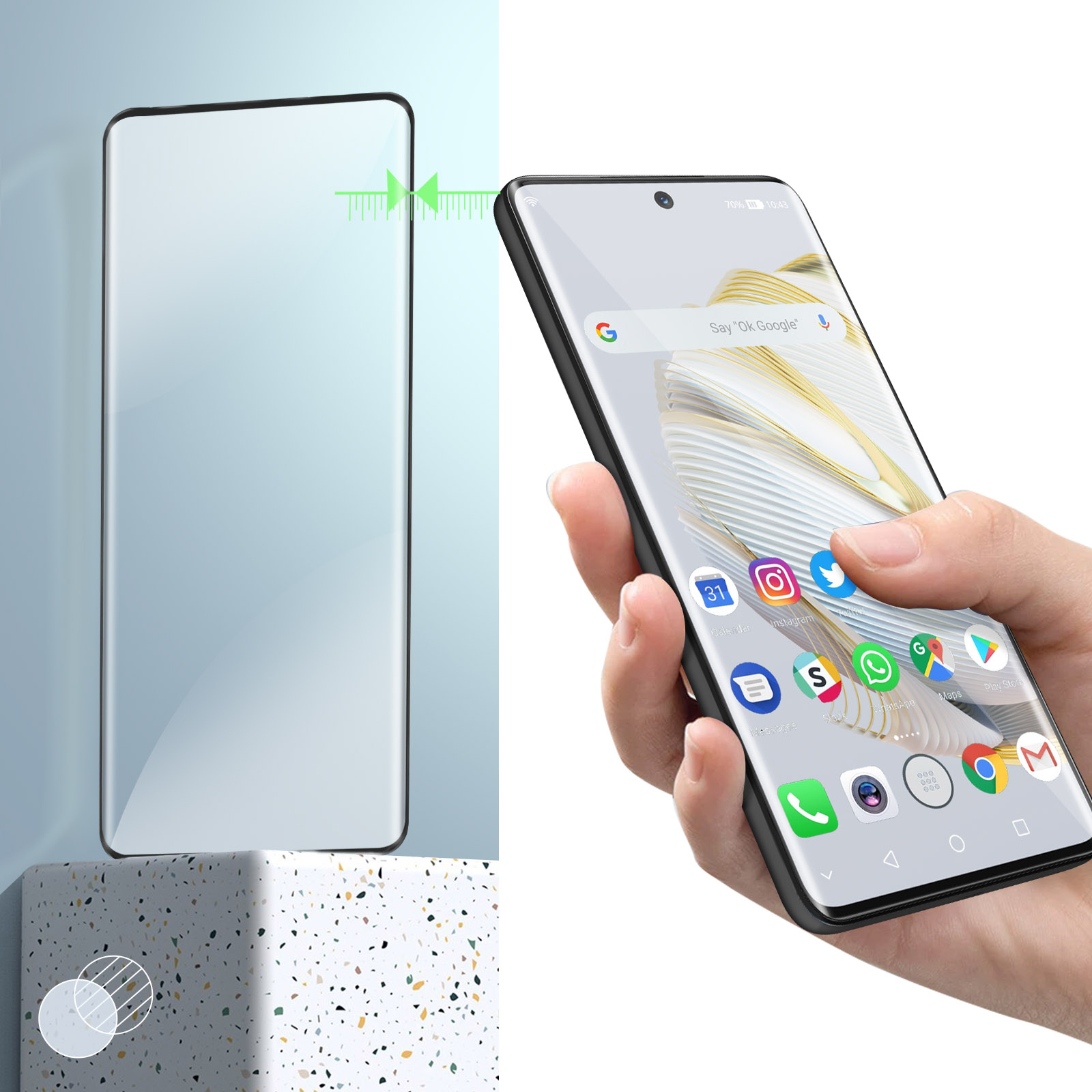Un telefono con una protezione per lo schermo, tenuto in mano. Lo schermo mostra le icone delle app.