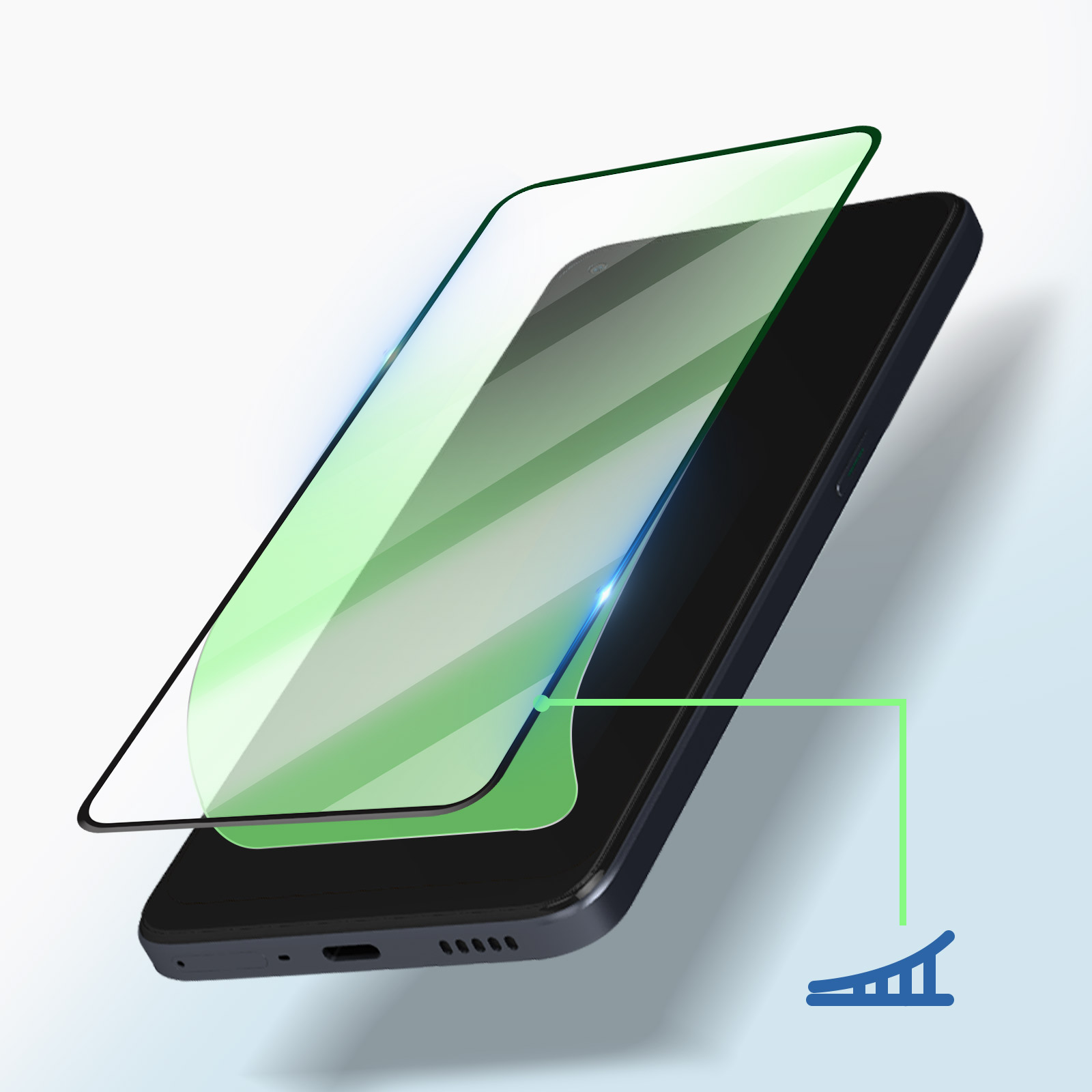 Telefono con protezione schermo. La protezione è trasparente con una tinta verde. Il telefono è nero.