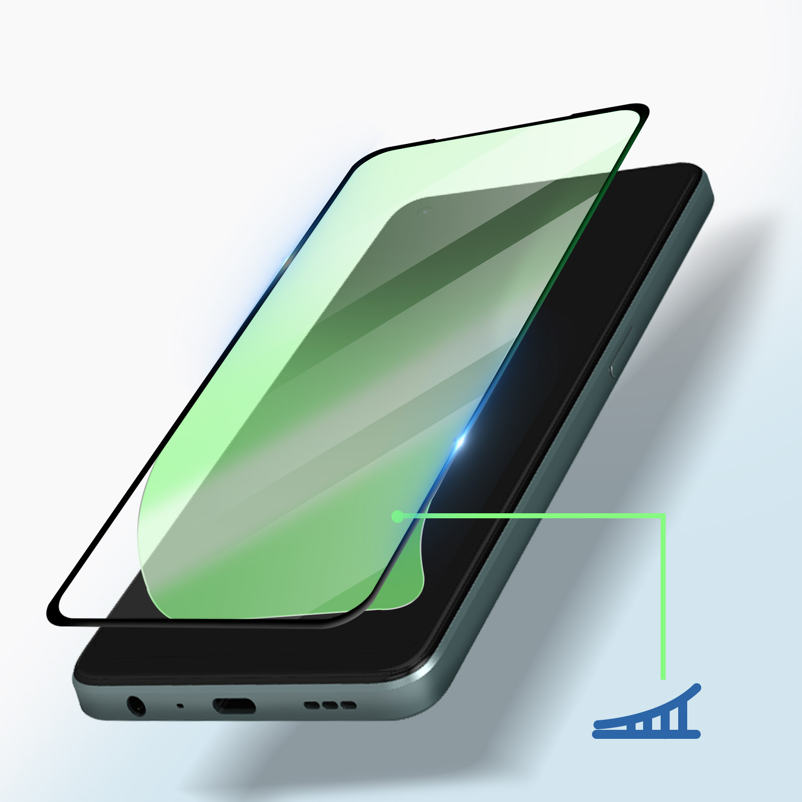 Telefono con protezione schermo applicata, una linea verde e un'icona a grafico mostrano l'intensità del segnale del telefono.