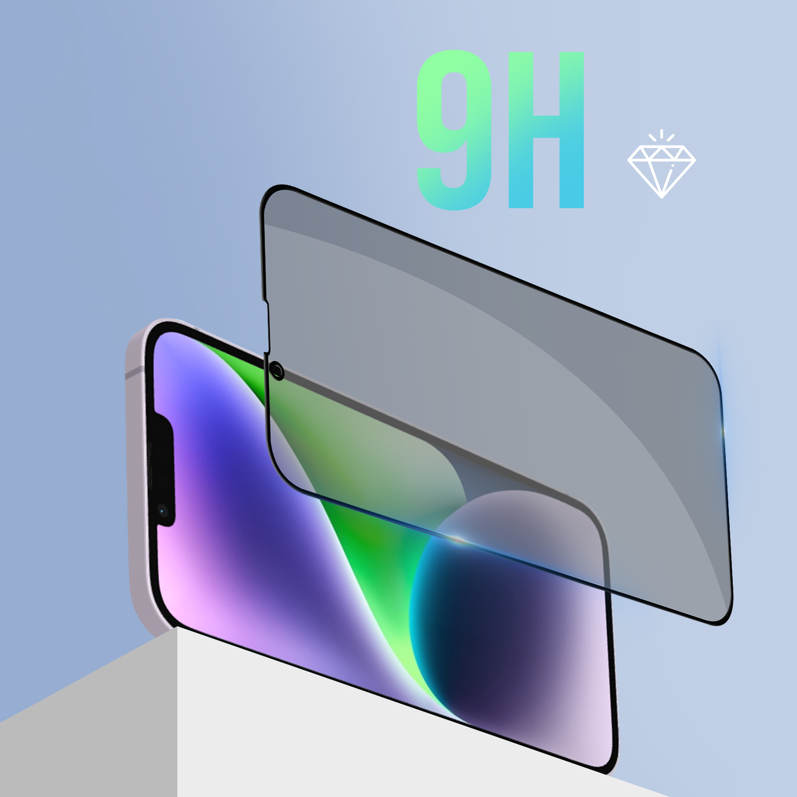 Telefon mit Displayschutz. Der Schutz ist grau und über dem Bildschirm. Die Wörter 9H und ein Diamant erscheinen.