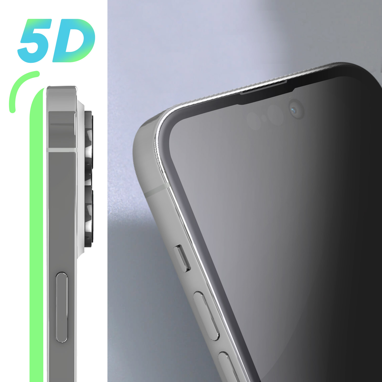 Un telefono argentato con protezione schermo. Un'etichetta verde 5D è sul lato sinistro.