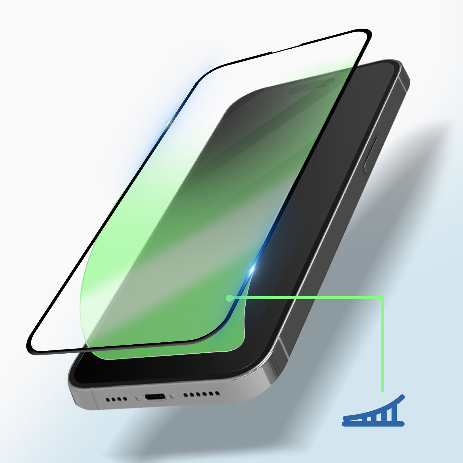 Telefono con protezione schermo in fase di applicazione. Tinta verde, sfondo blu.