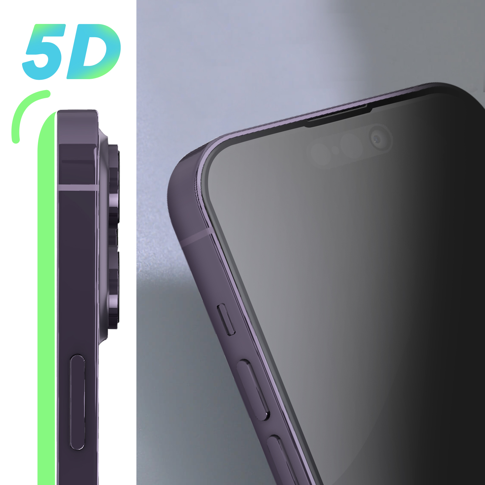 Telefono viola, vista laterale, con una linea verde e il testo 5D. Il telefono è in primo piano.